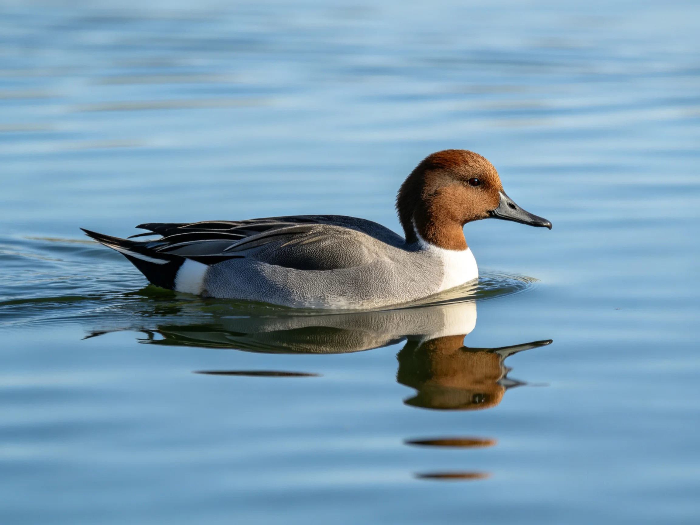A brown-headed duck glides through calm blue water