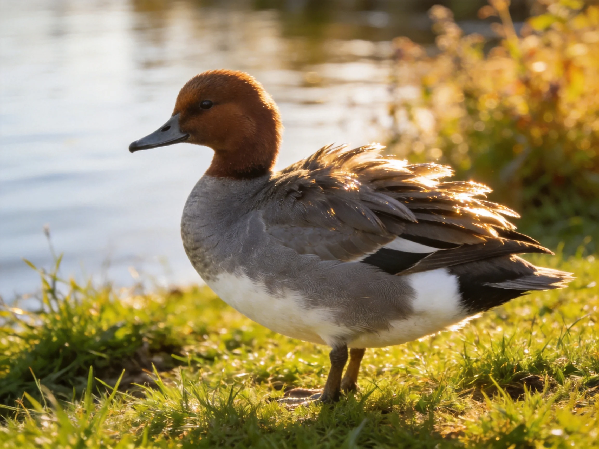 A brown-headed duck perched on lush green grass by calm water