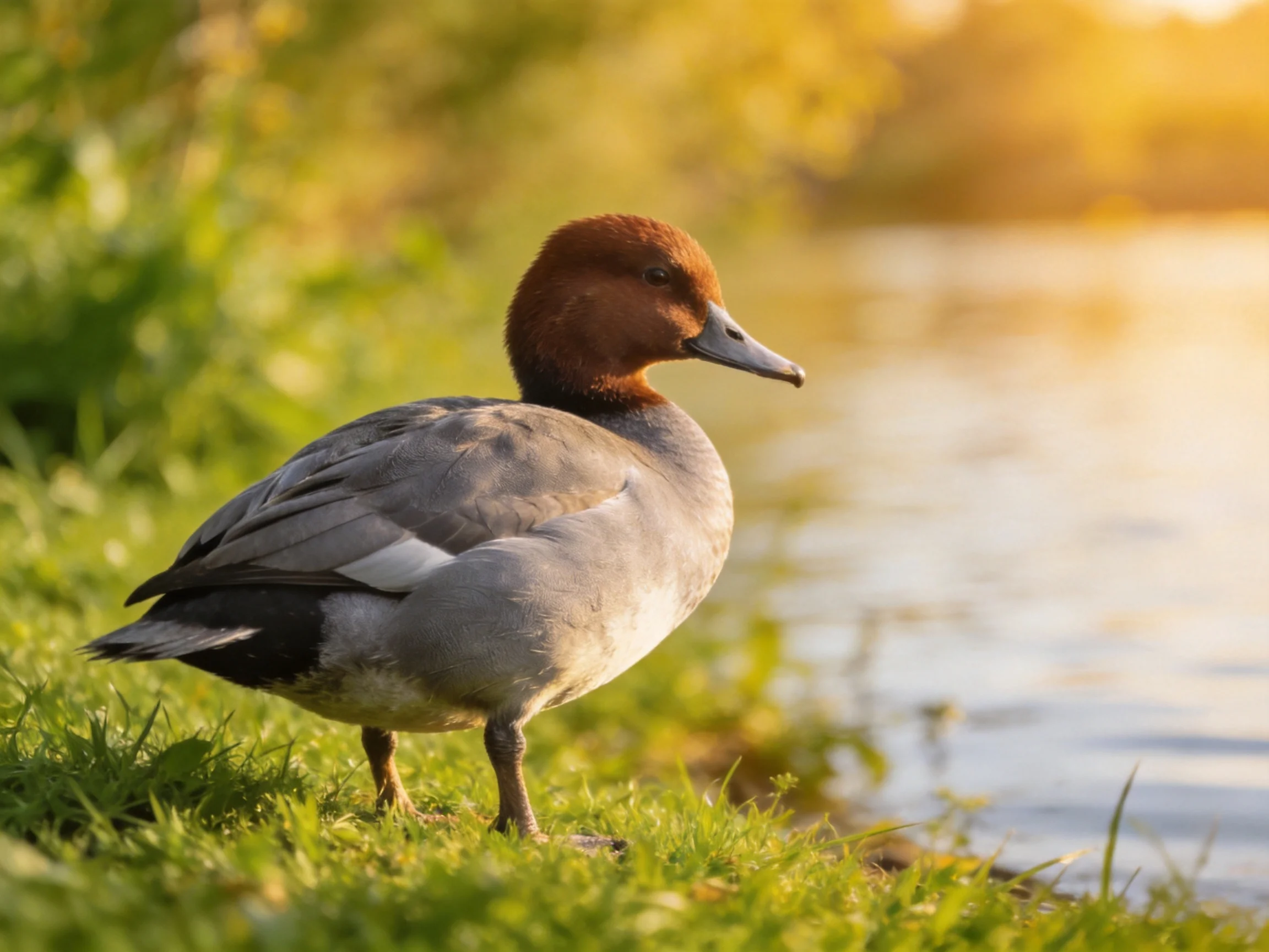 A brown-headed duck stands on lush green grass beside calm water