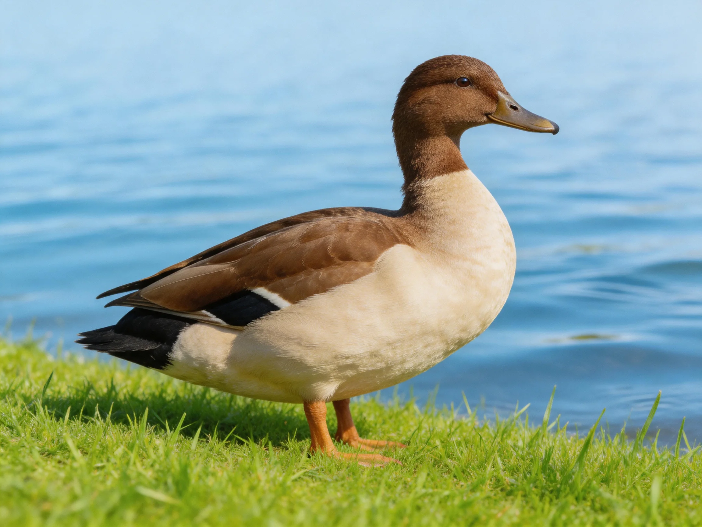 A duck with a brown head and beige body is positioned on grass near calm water.