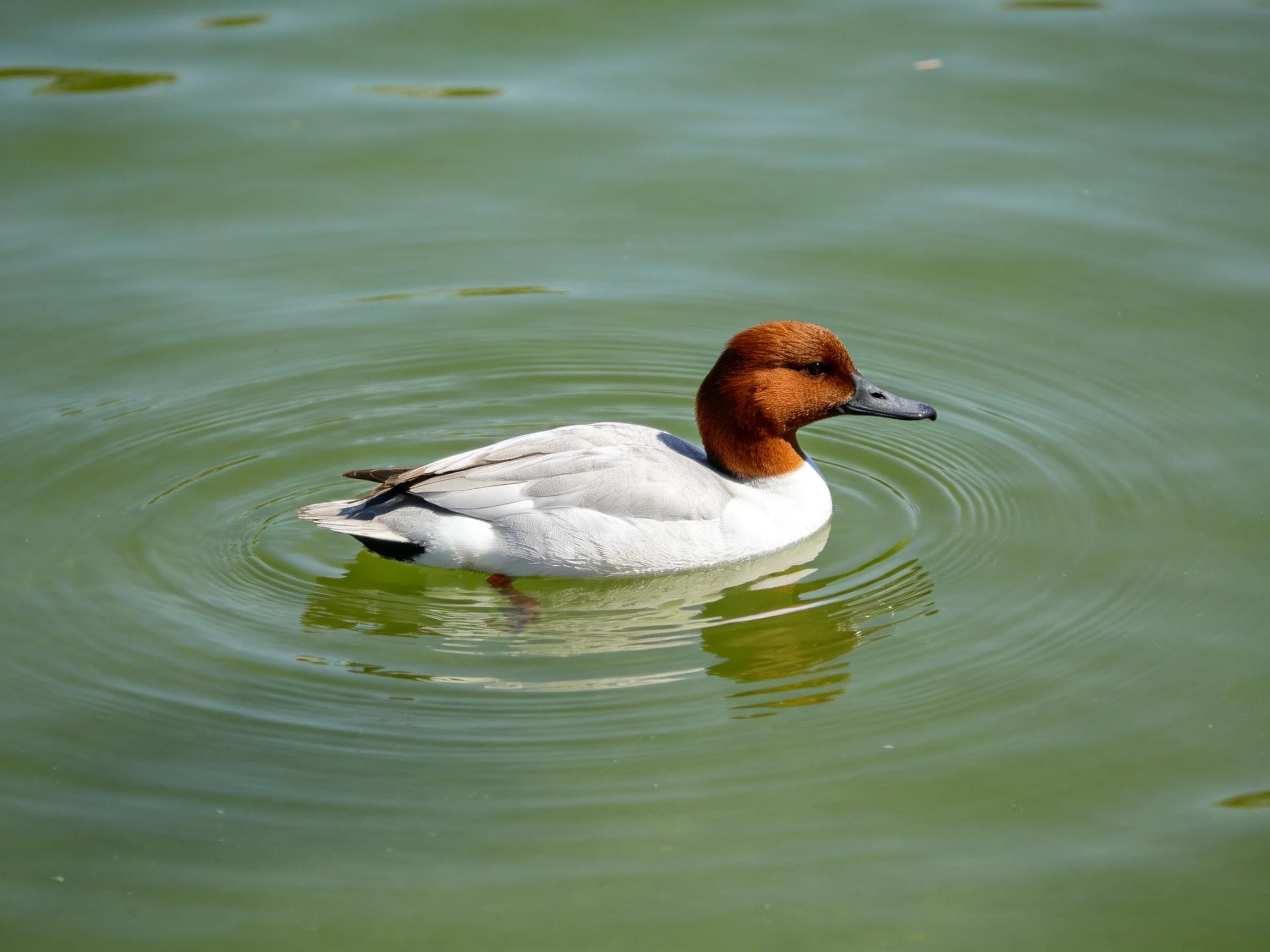 A brown-headed duck swims in rippling green water