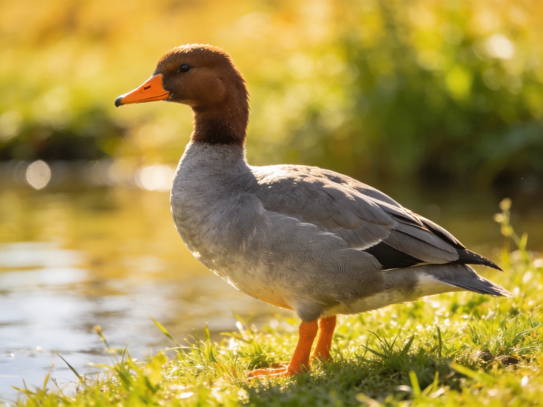 A duck with brown and orange features stands by waters edge.