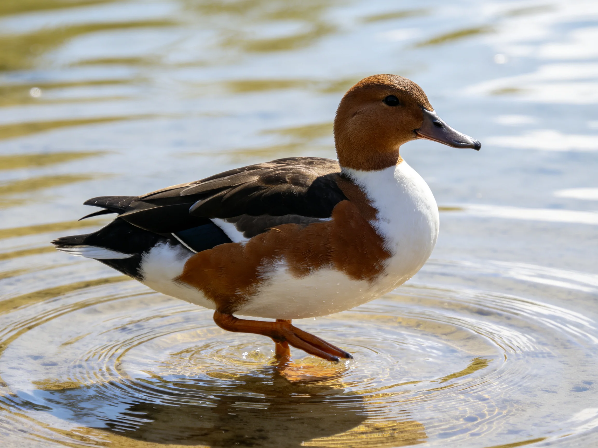 A duck with brown and white plumage stands in shallow water.