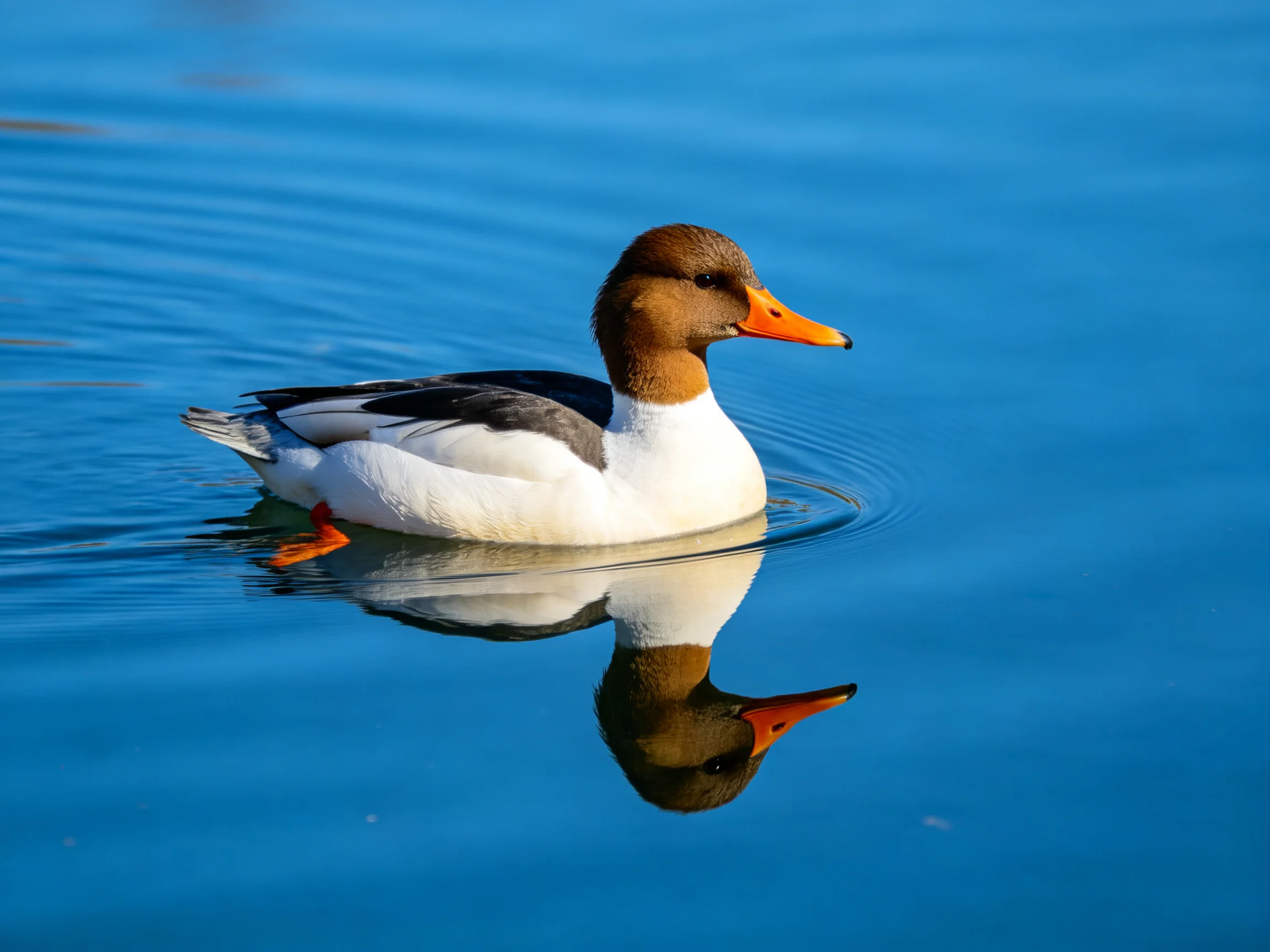 A brown-headed duck with white feathers swims in clear blue water