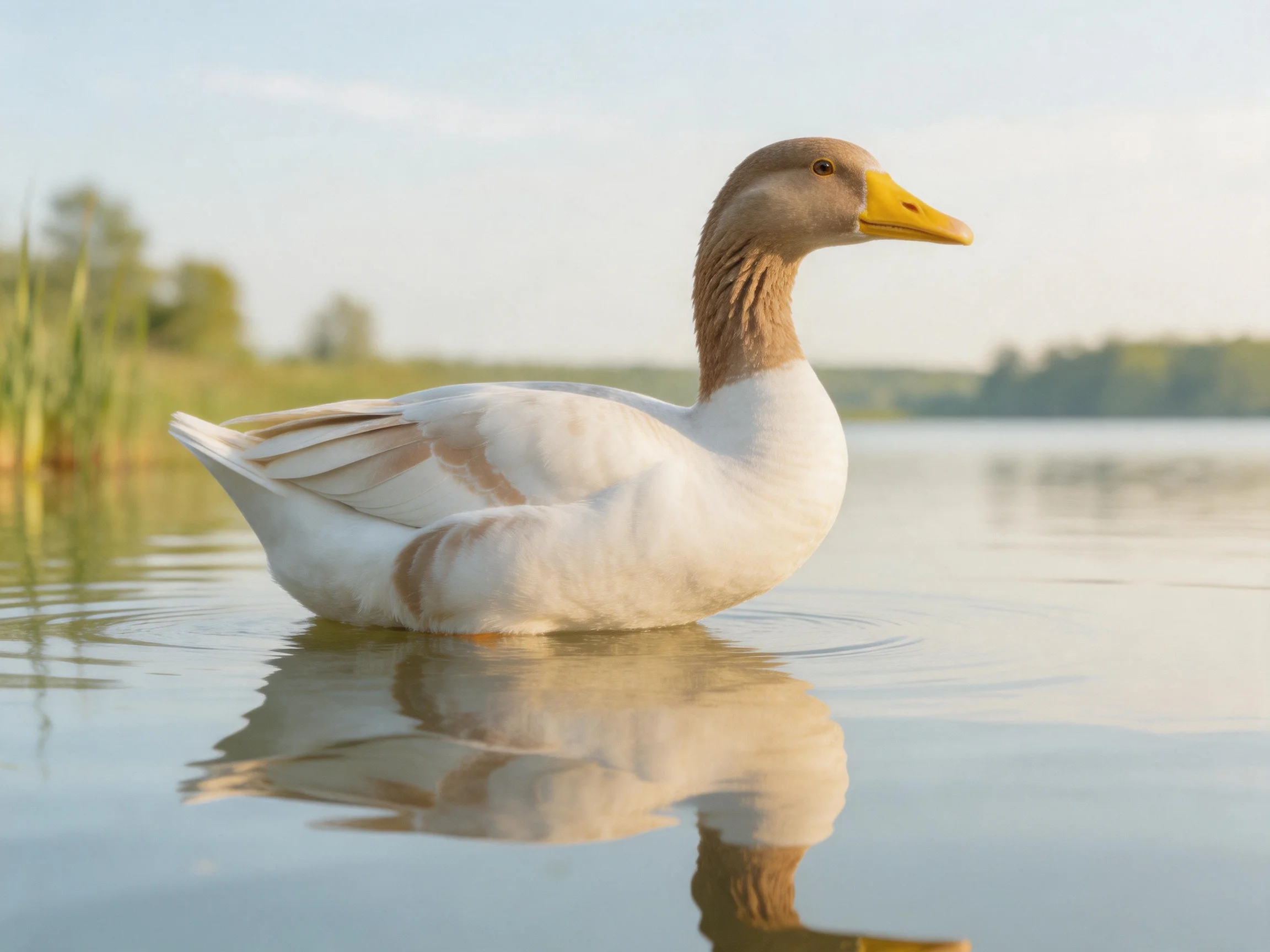 A brown-headed duck with white plumage swims in calm lake waters near reeds