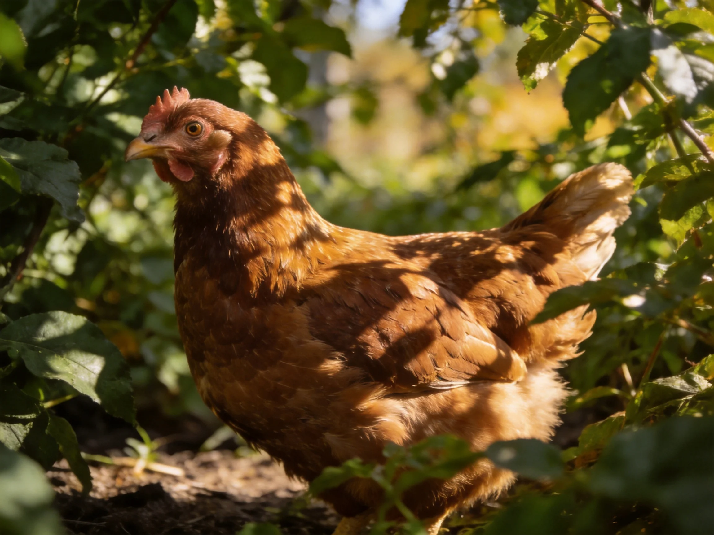 A brown hen amid dense green foliage under bright sunlight