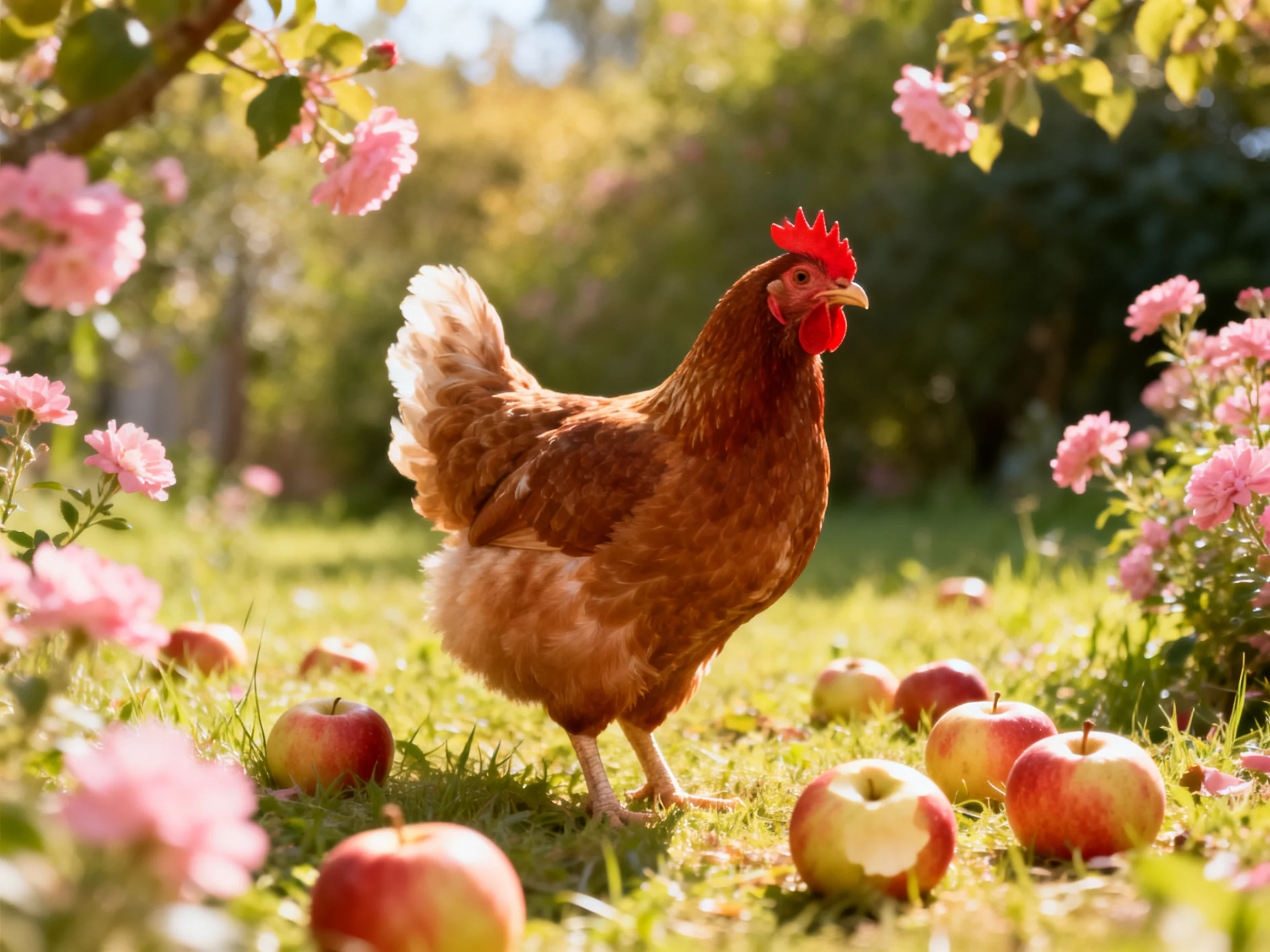 A brown hen roams near pink flowers and fallen apples in a sunlit outdoor setting.