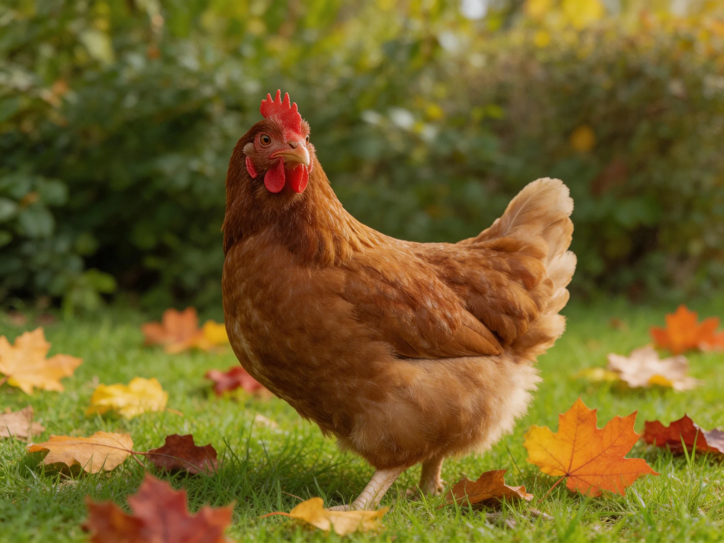 A brown hen amidst colorful autumn leaves on a grassy lawn