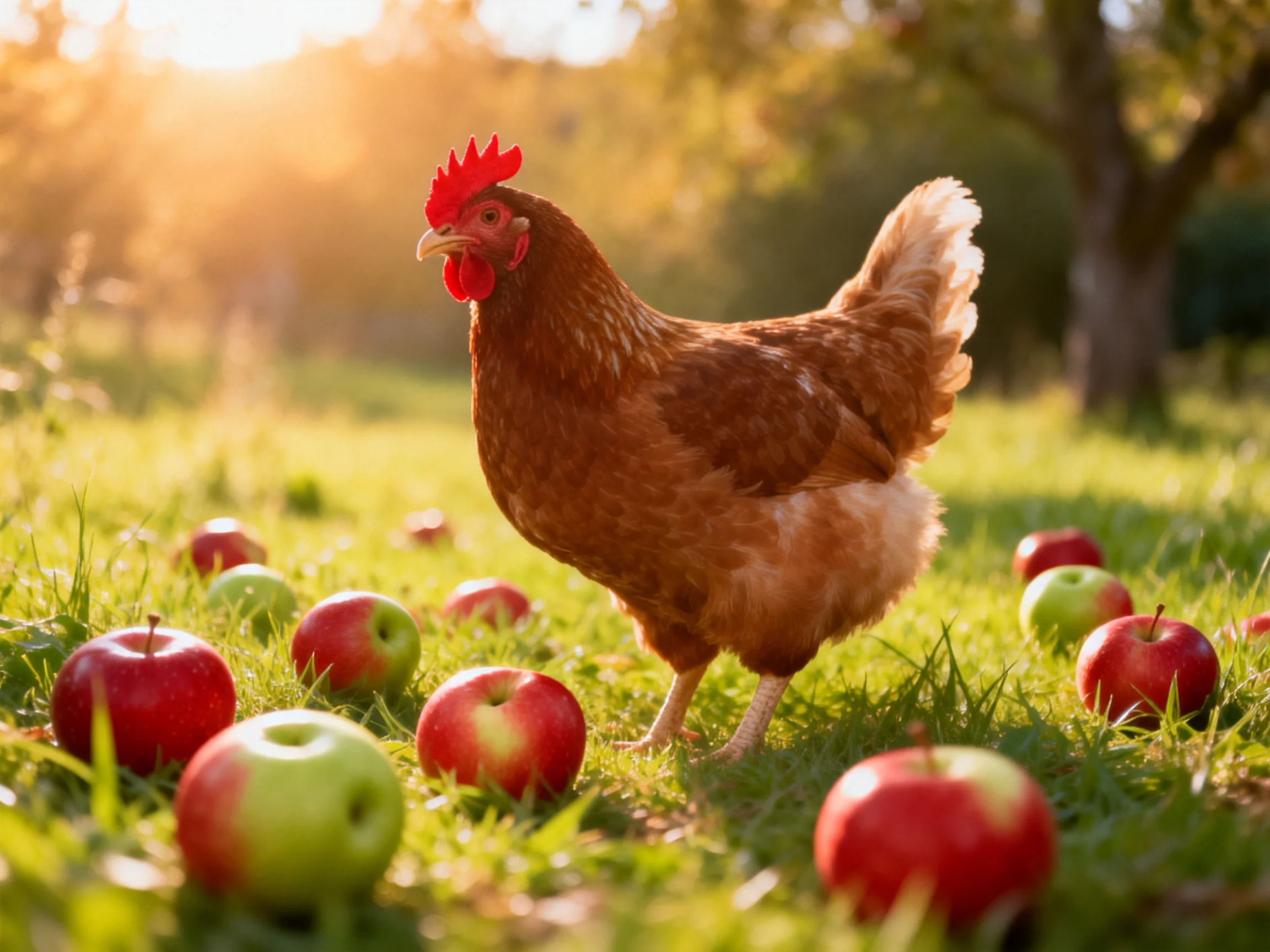 A brown hen among scattered red and green apples in a sunlit orchard
