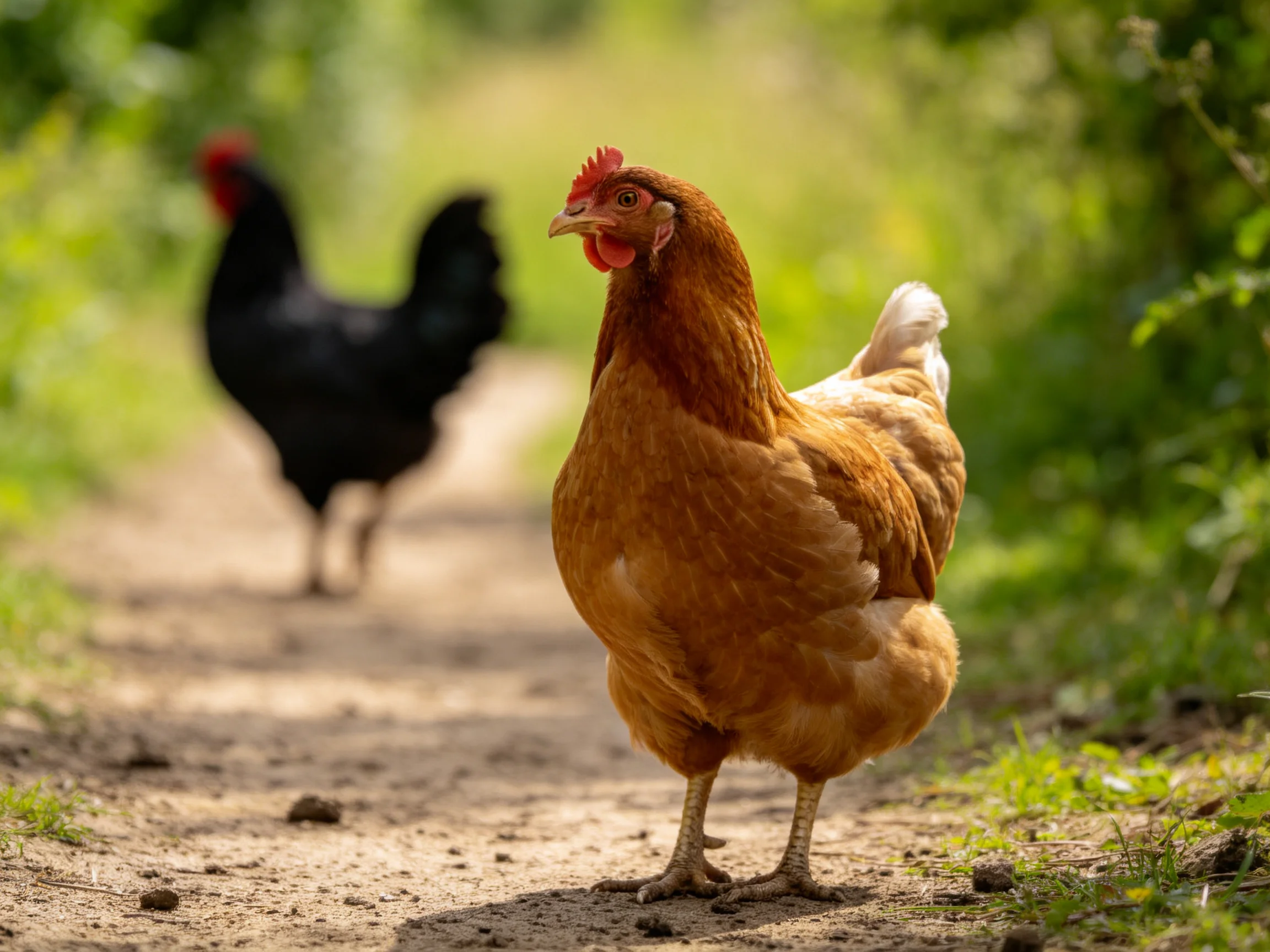 Two chickens, one brown and one black, stand on a sunlit dirt path in a green outdoor area.