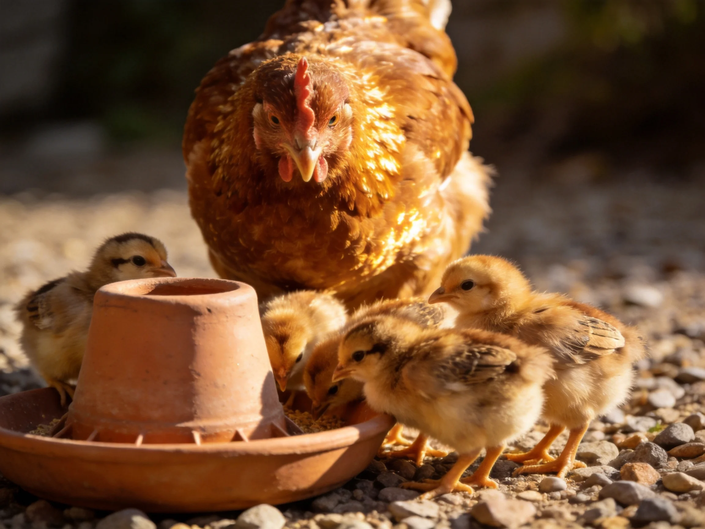 A brown hen and four yellow chicks gather at a terracotta feeder on gravel