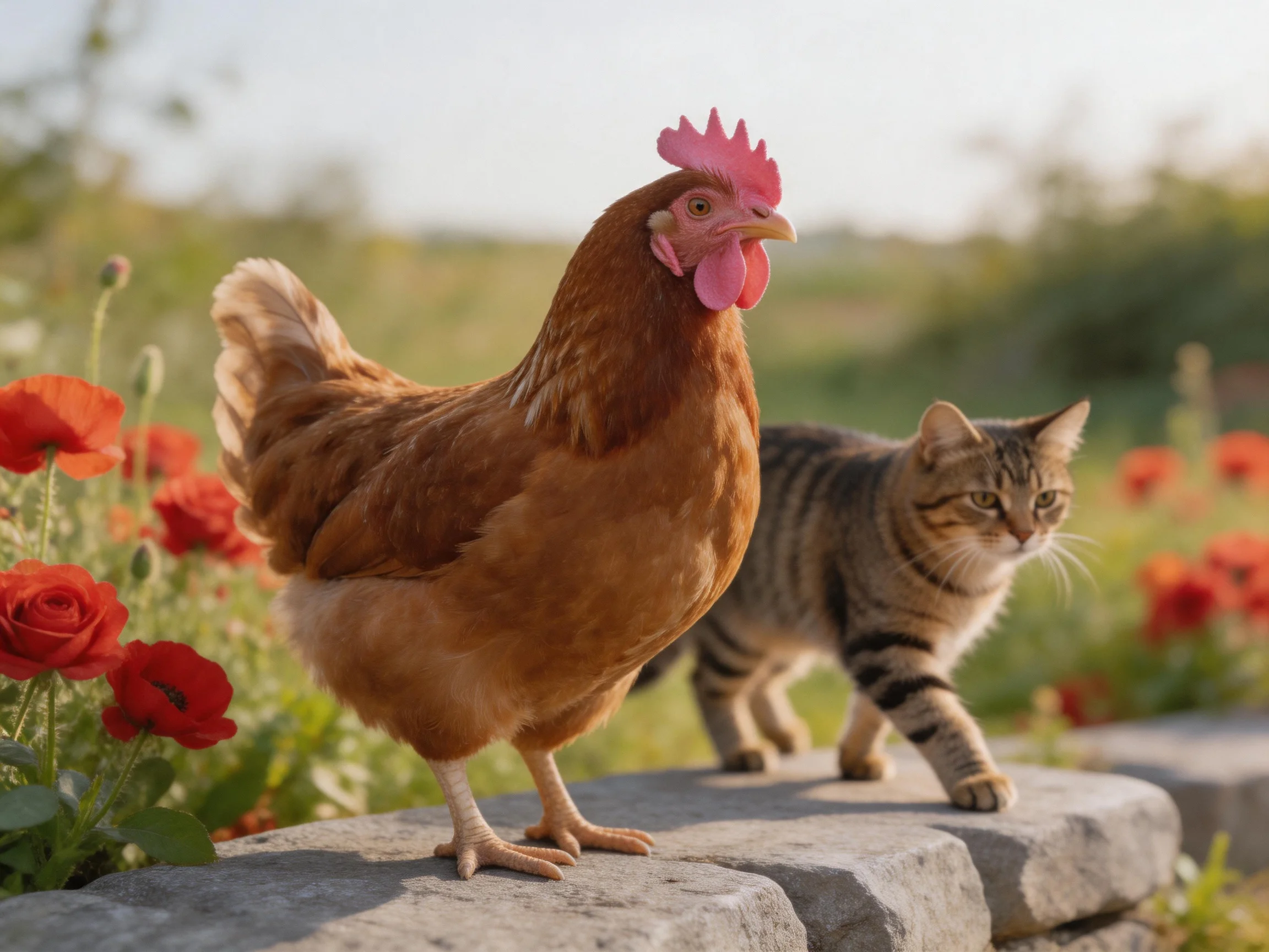 A brown hen and tabby cat near red flowers on a stone wall