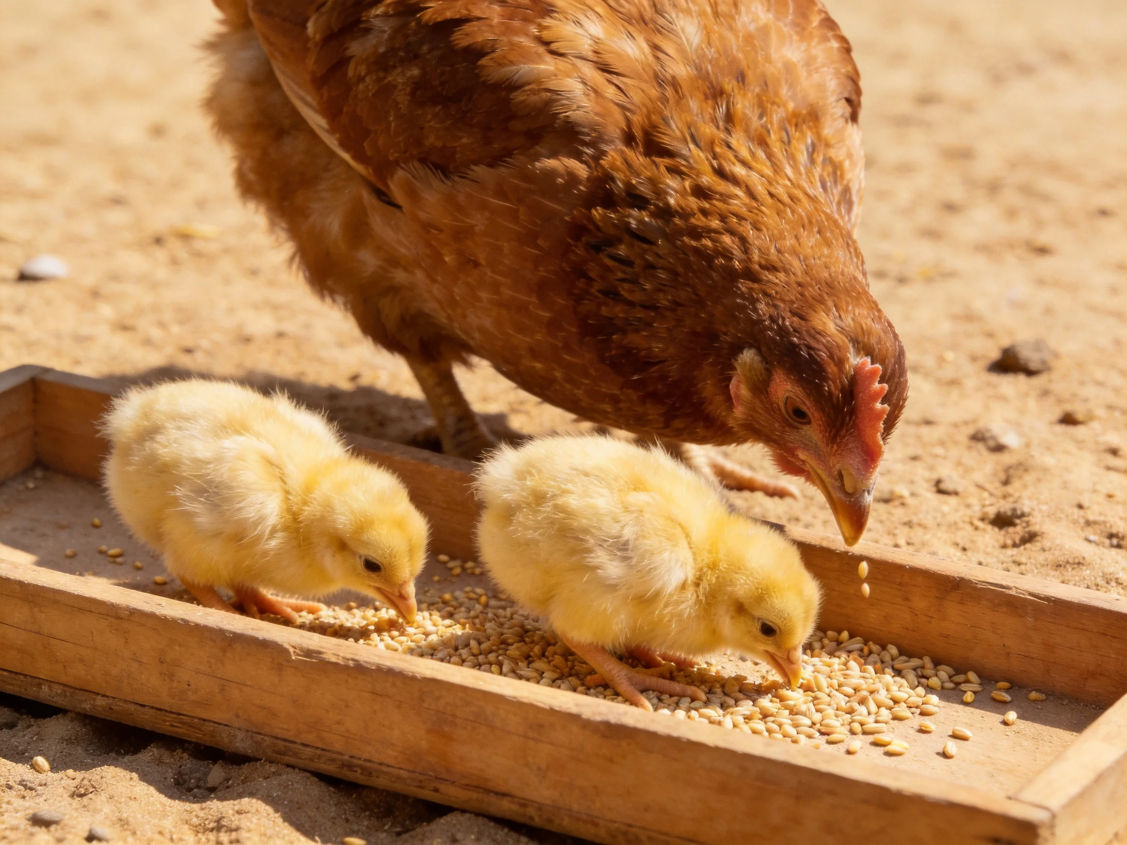 A brown hen and two yellow chicks eat seeds from a wooden tray