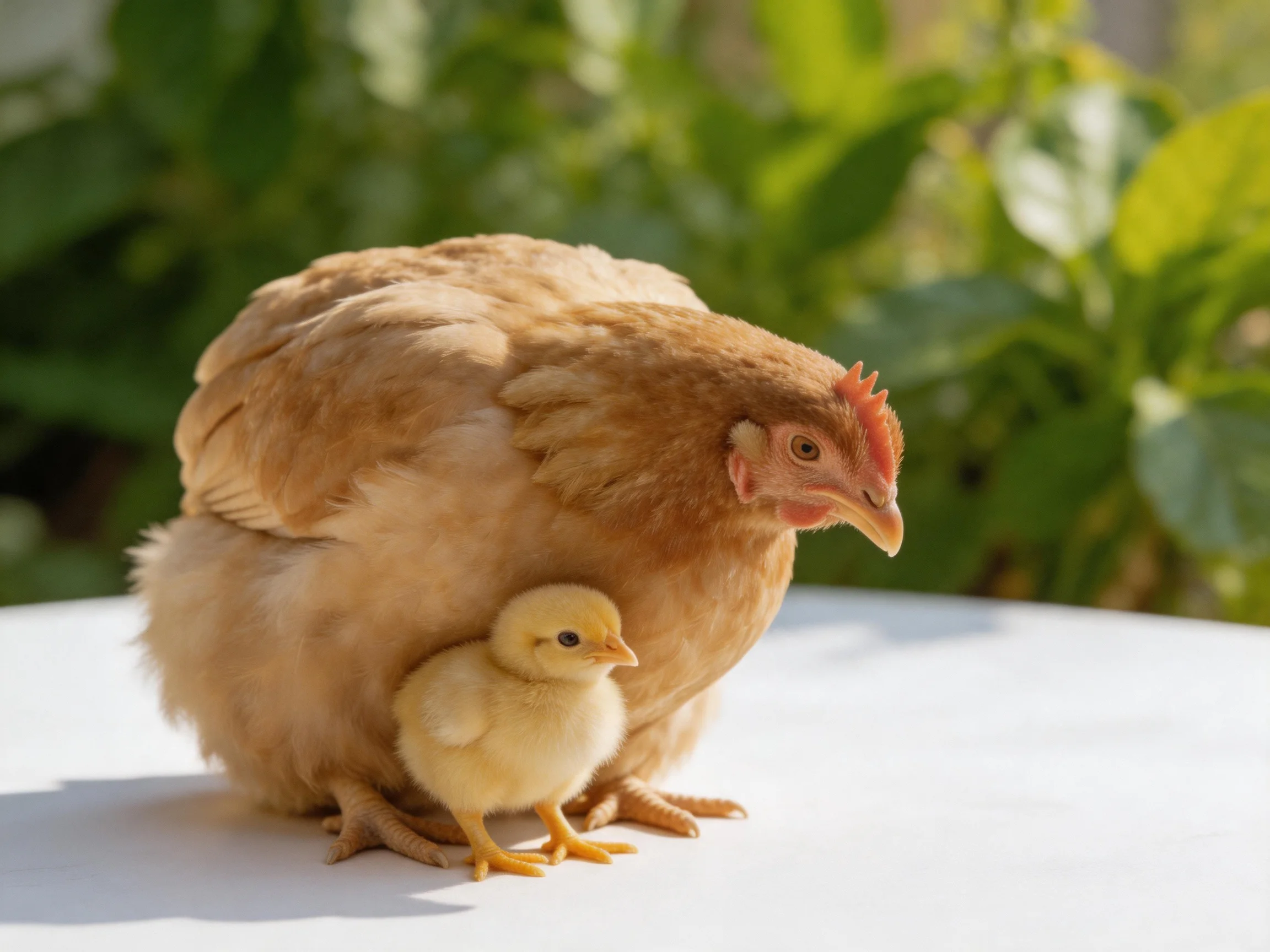 A brown hen and yellow chick rest on a white surface with greenery