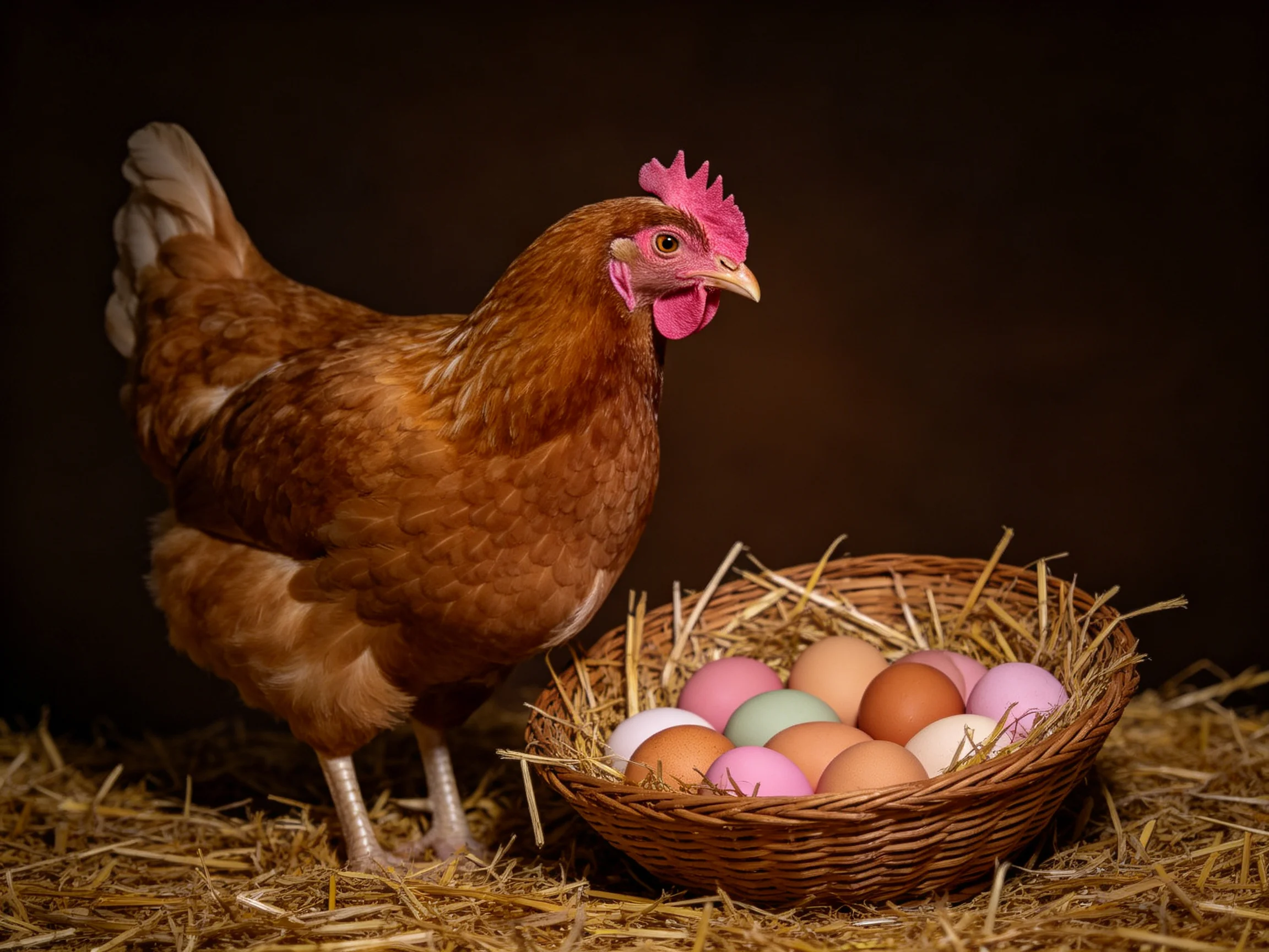 A brown hen beside a basket of colorful eggs on straw