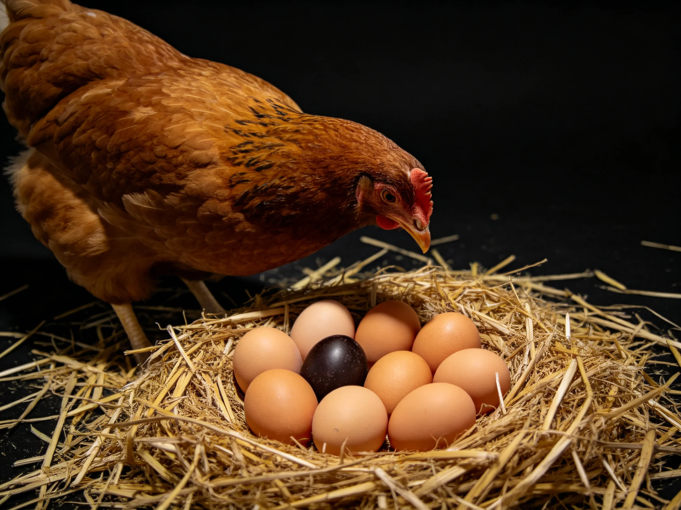 A brown hen beside a straw nest with light and dark eggs