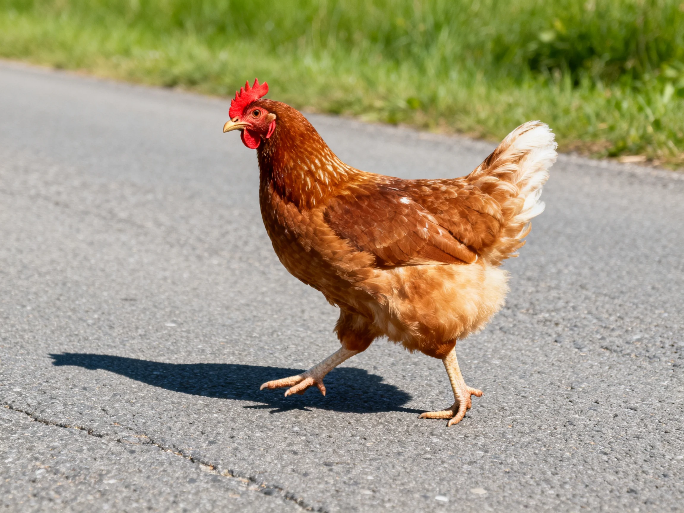 A brown hen crosses a paved road near green grass