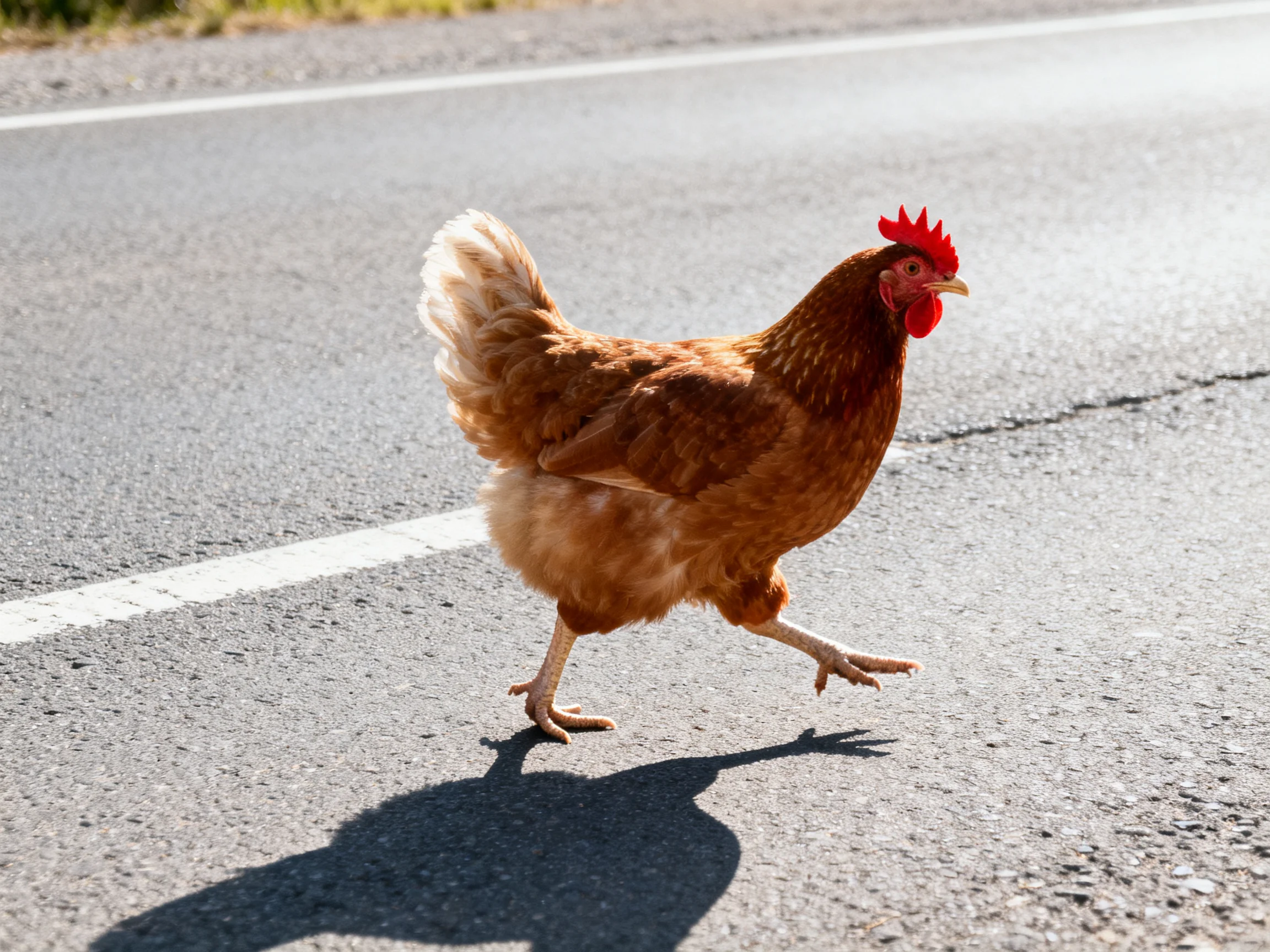 A brown hen crosses a paved road with white lane markings