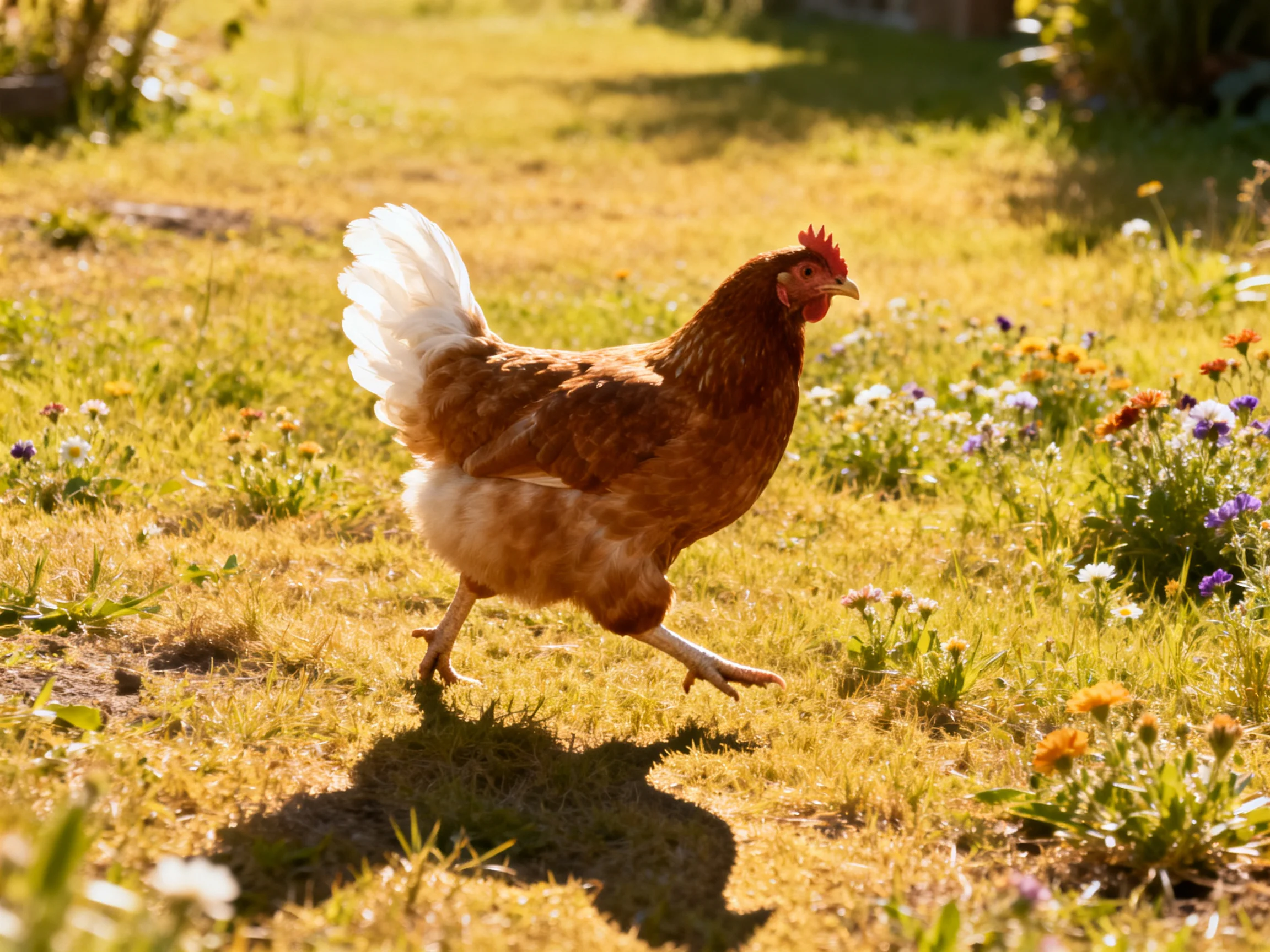 A brown hen dashes through a sunlit meadow with colorful wildflowers