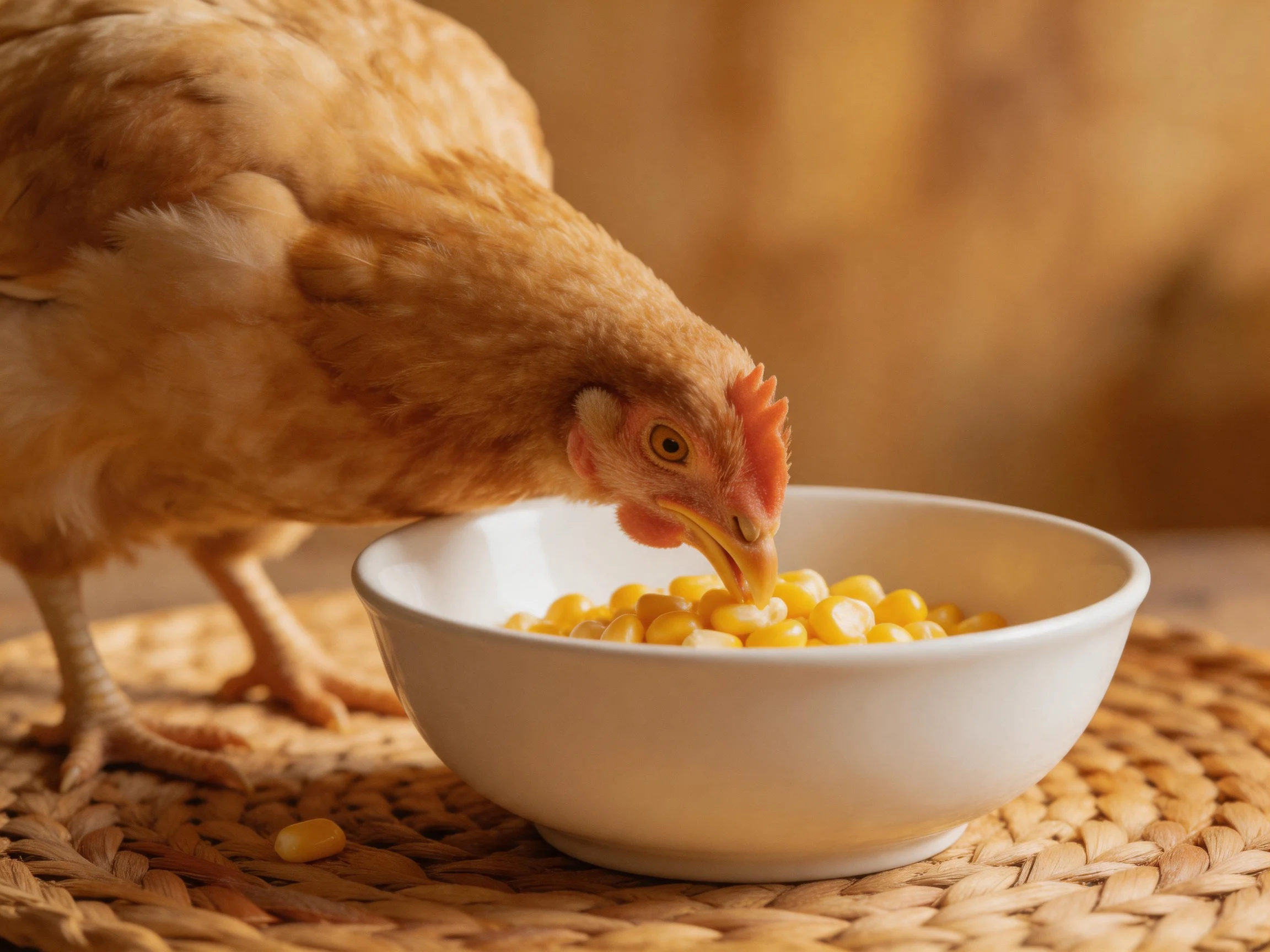 A brown hen eating yellow corn kernels from a white bowl