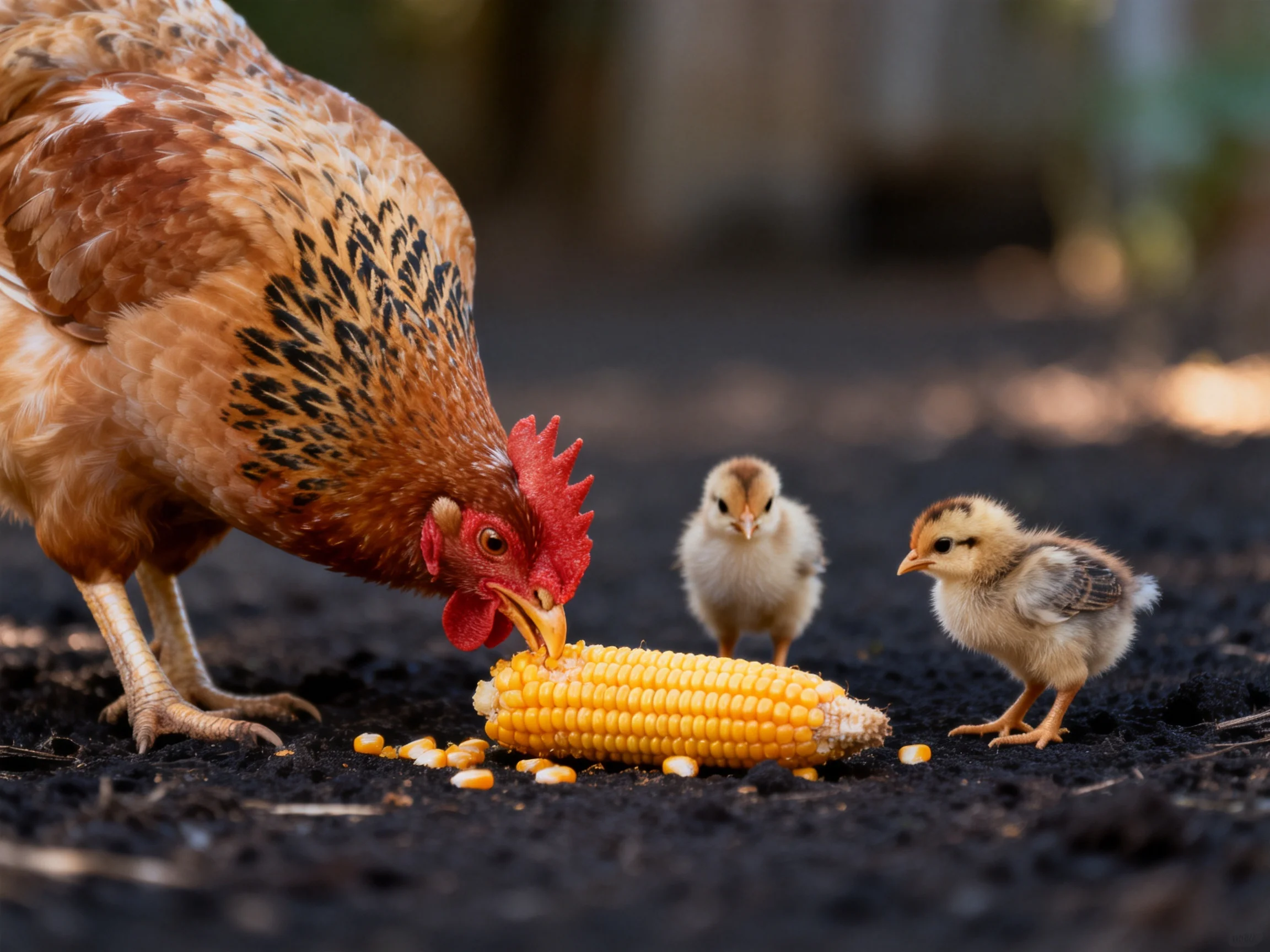 A brown hen eats corn with two chicks nearby