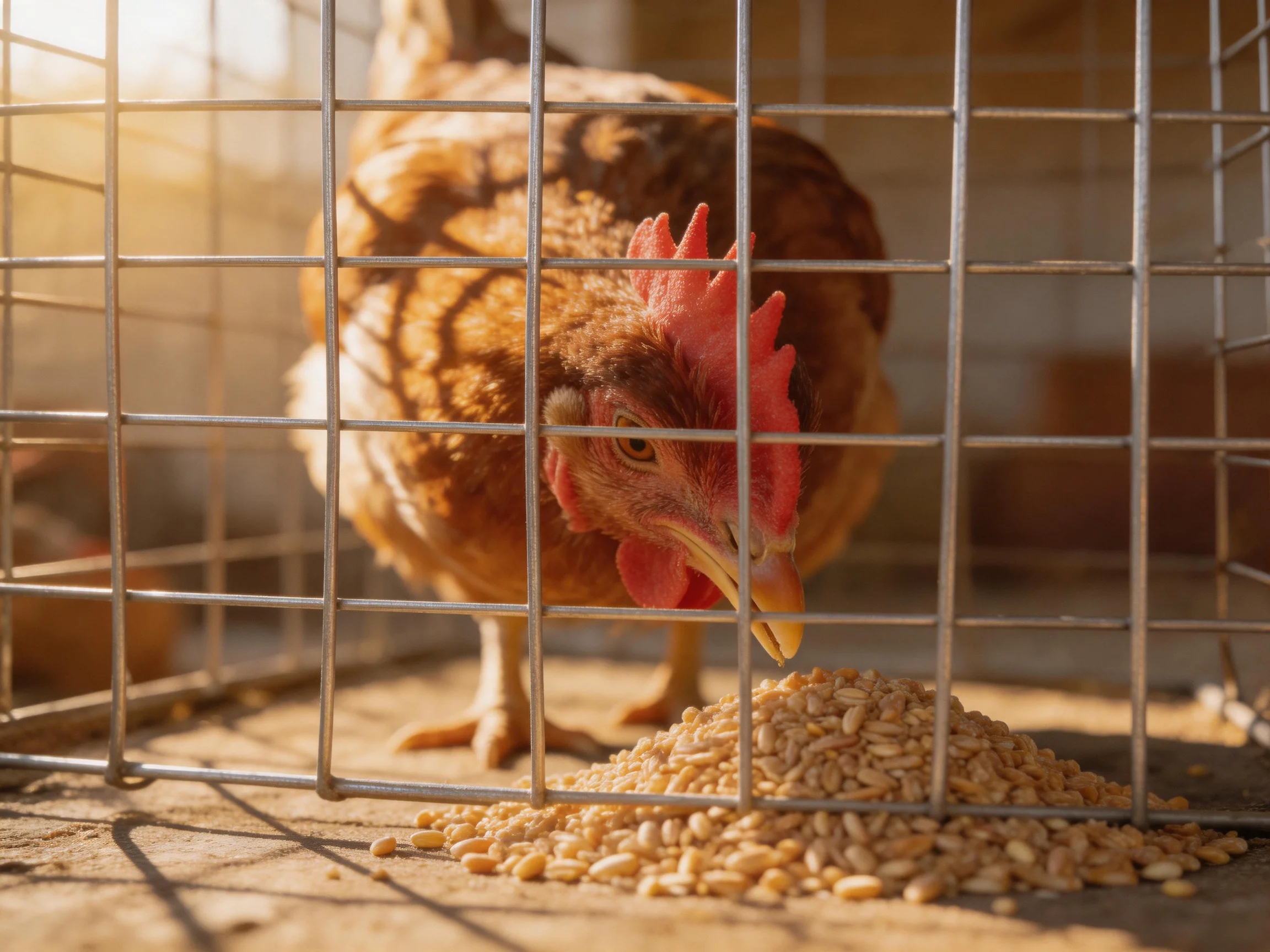 A brown hen eats grains near a metal wire cage
