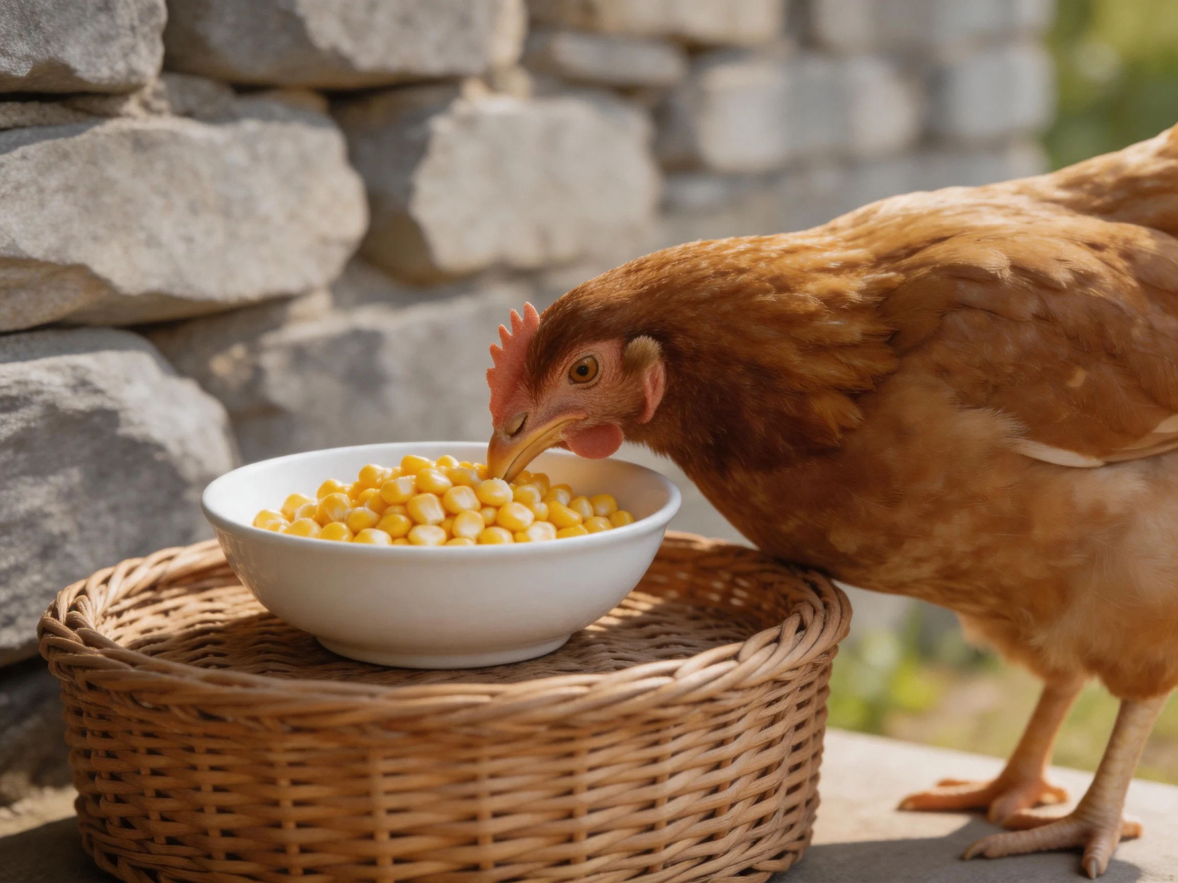 A brown hen eats yellow corn from a white bowl on a wicker basket near a stone wall