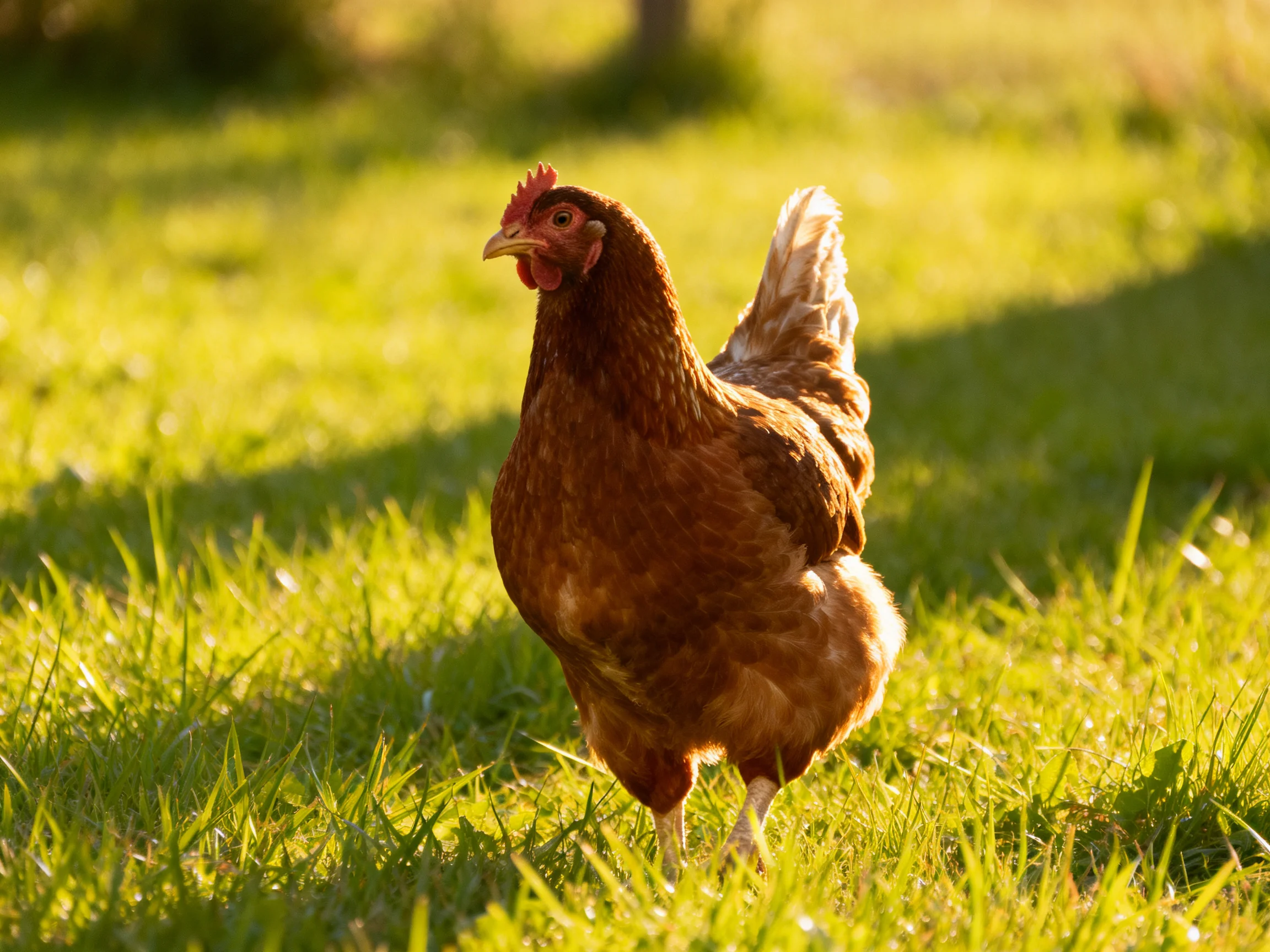 A brown hen explores a sun-drenched green pasture