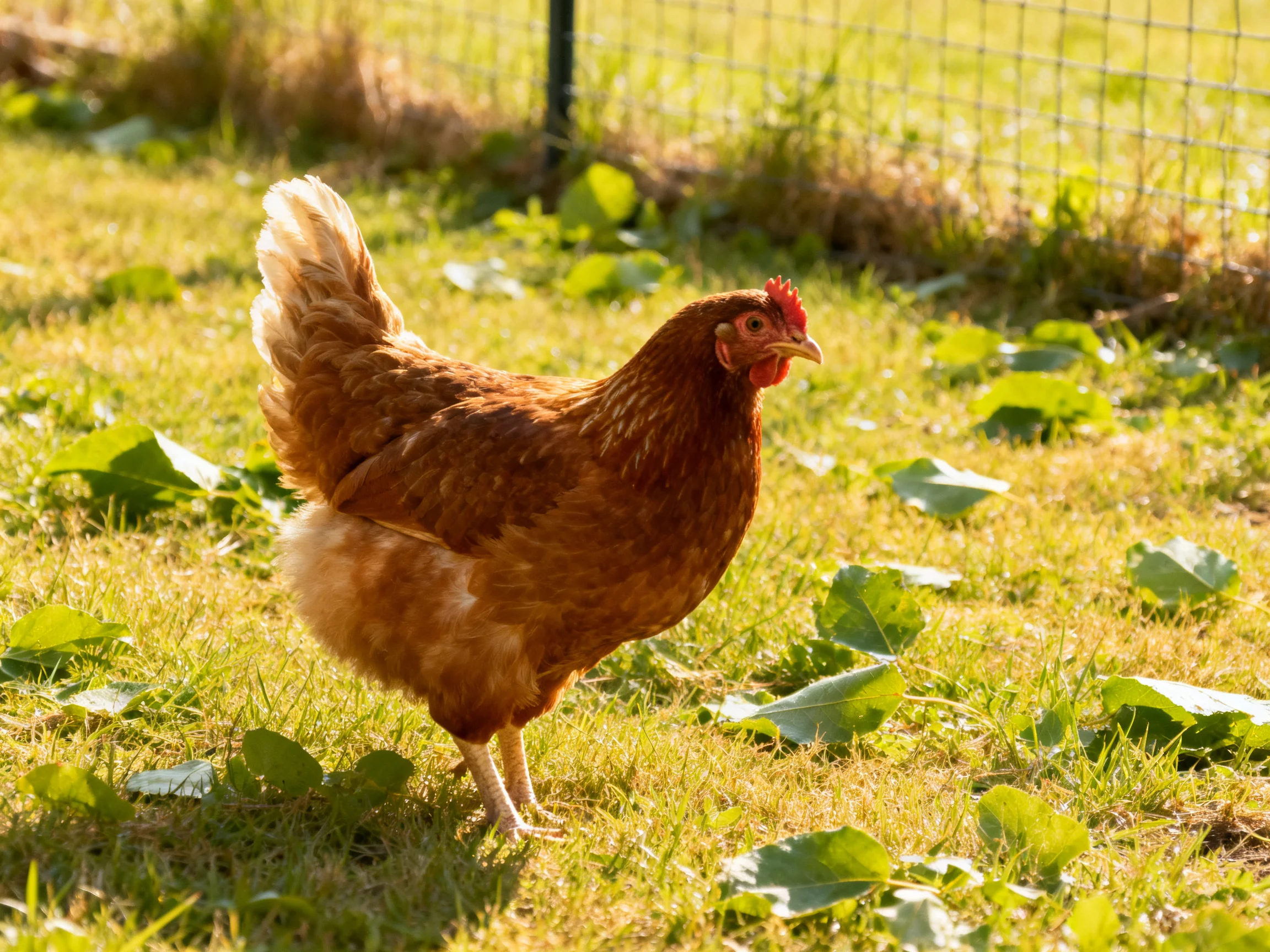 A brown hen explores sunlit grass near a wire fence
