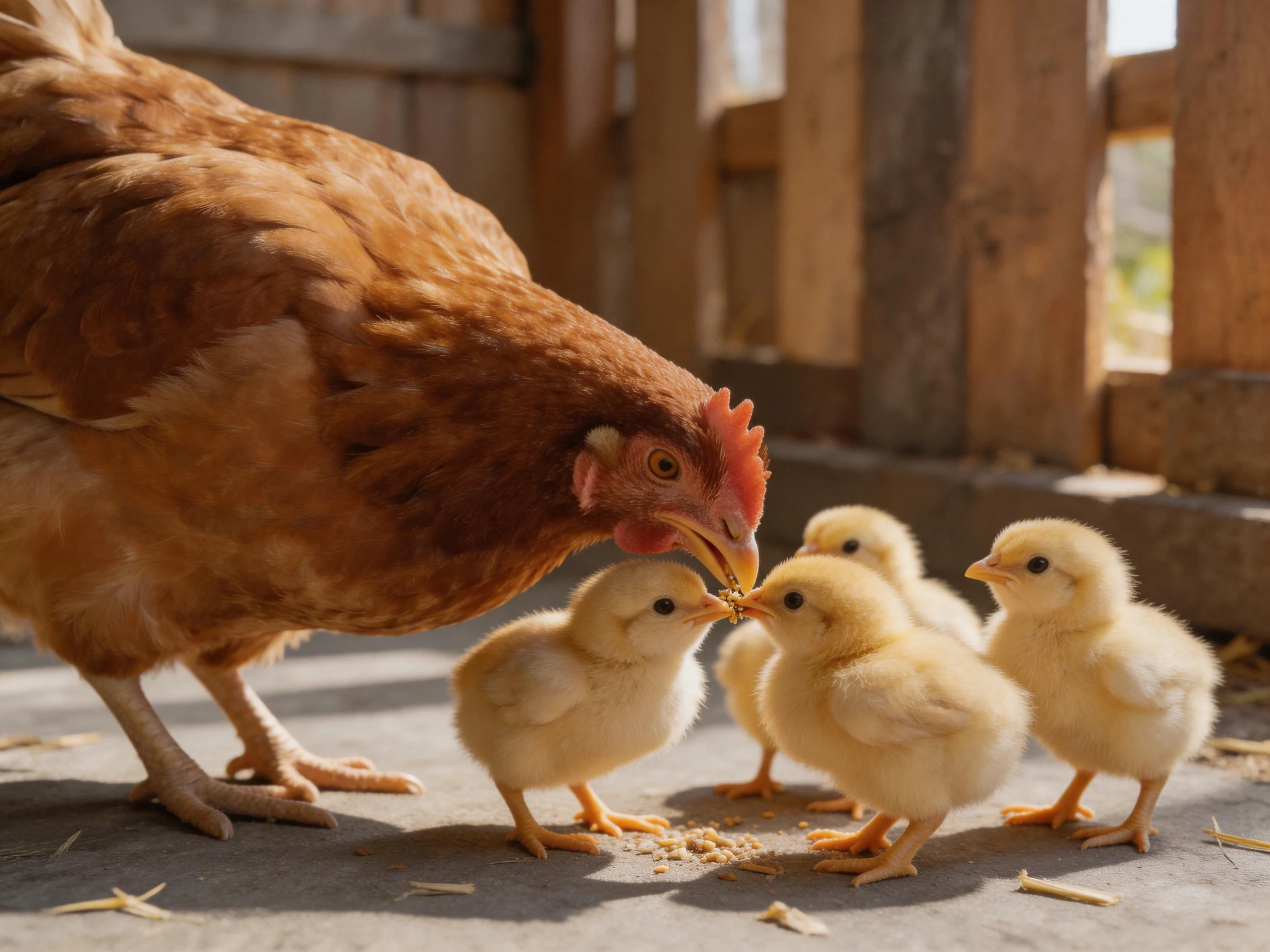 A brown hen feeds four yellow chicks near wooden fencing