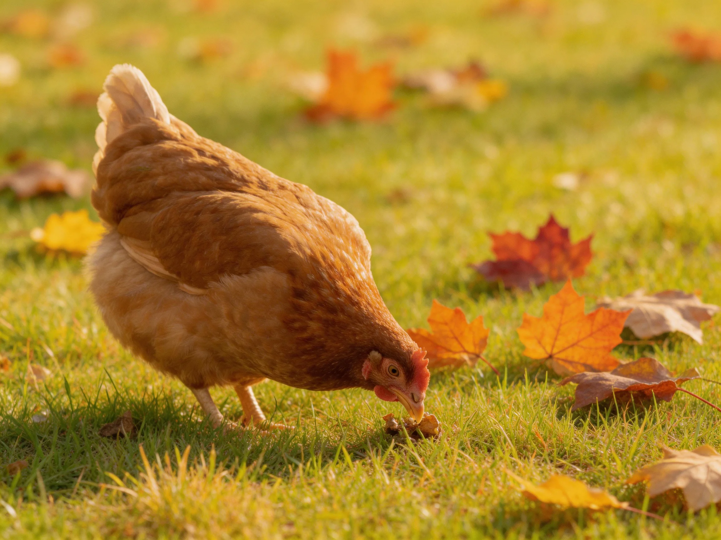 A brown hen forages among green grass and autumn leaves