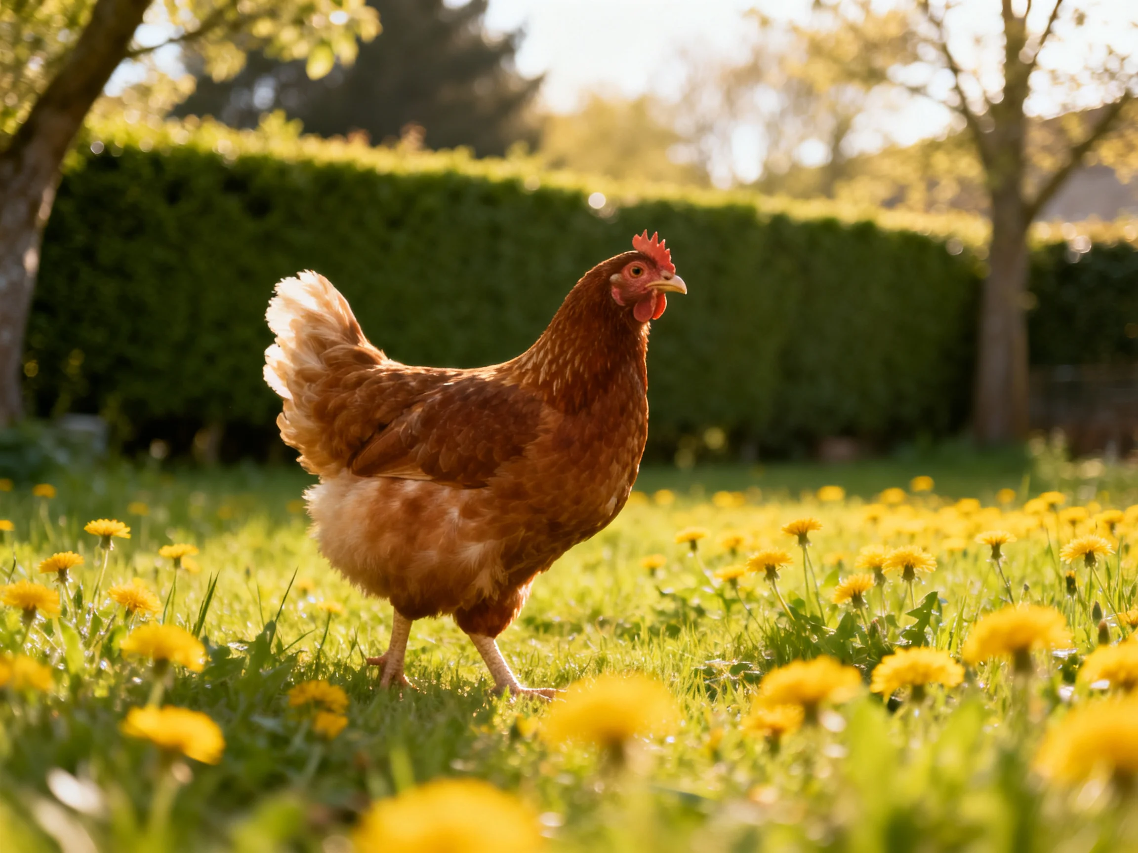 A brown hen forages among vibrant yellow dandelions in a sunlit garden