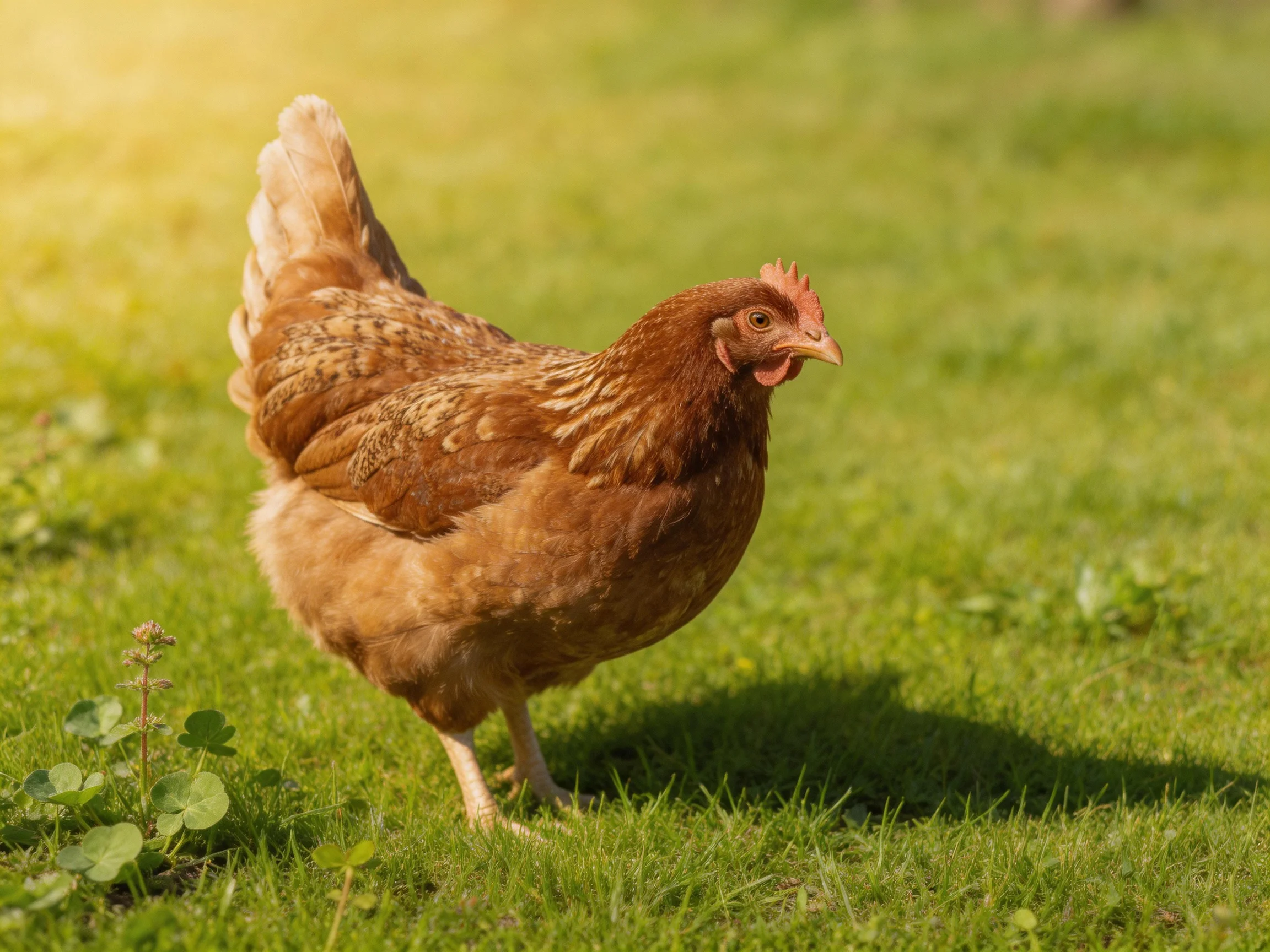 A brown hen forages in a sunlit green meadow