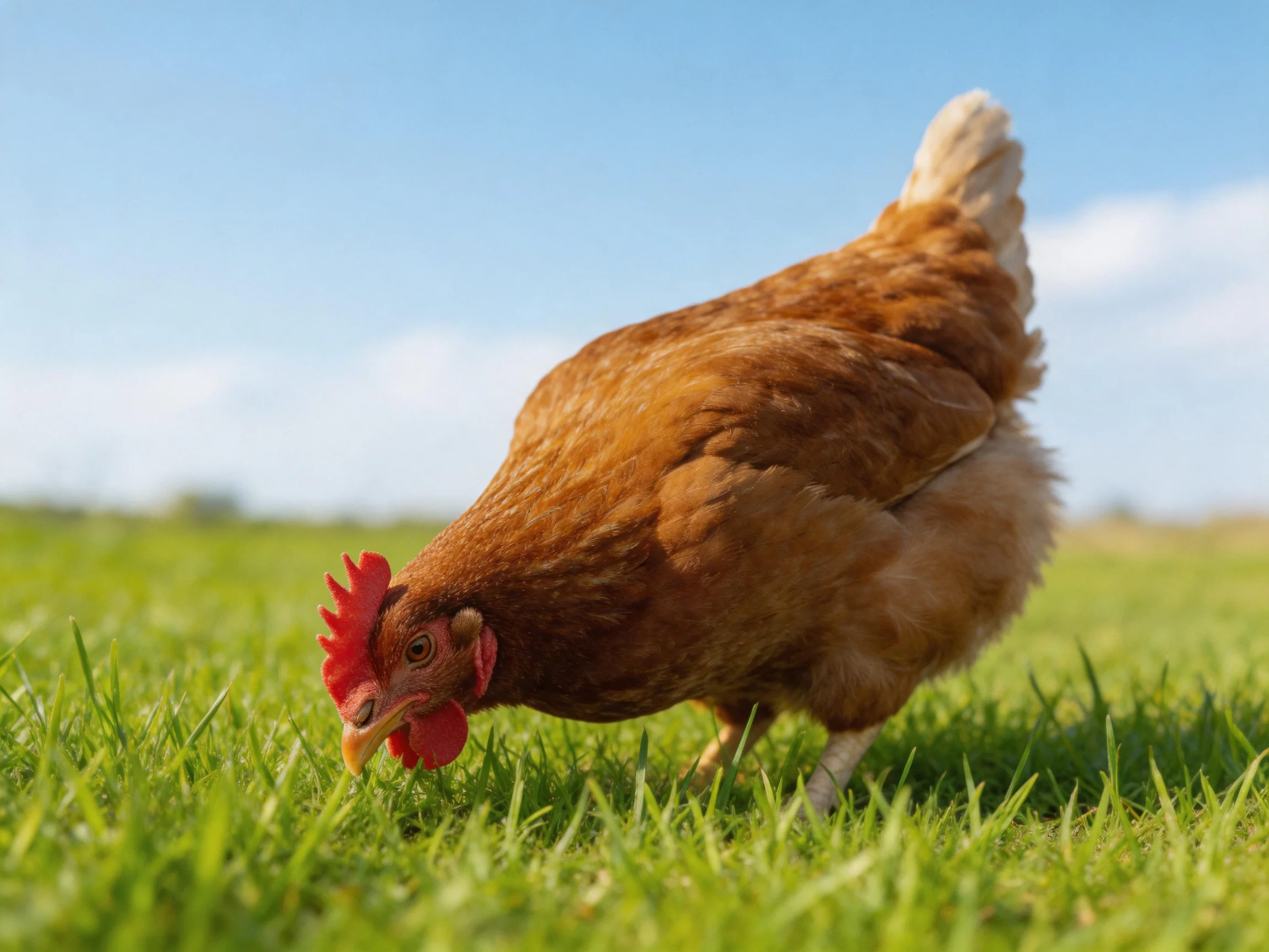 A brown hen forages in lush green grass under a clear blue sky