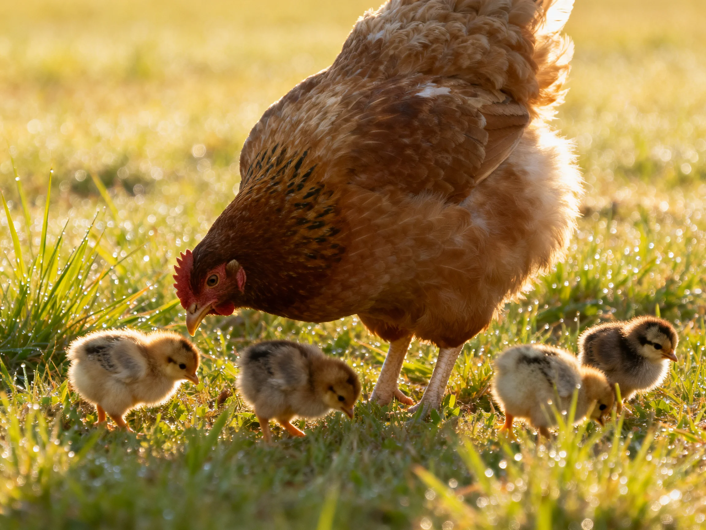 A brown hen forages near five fluffy yellow-brown chicks in dewy green grass