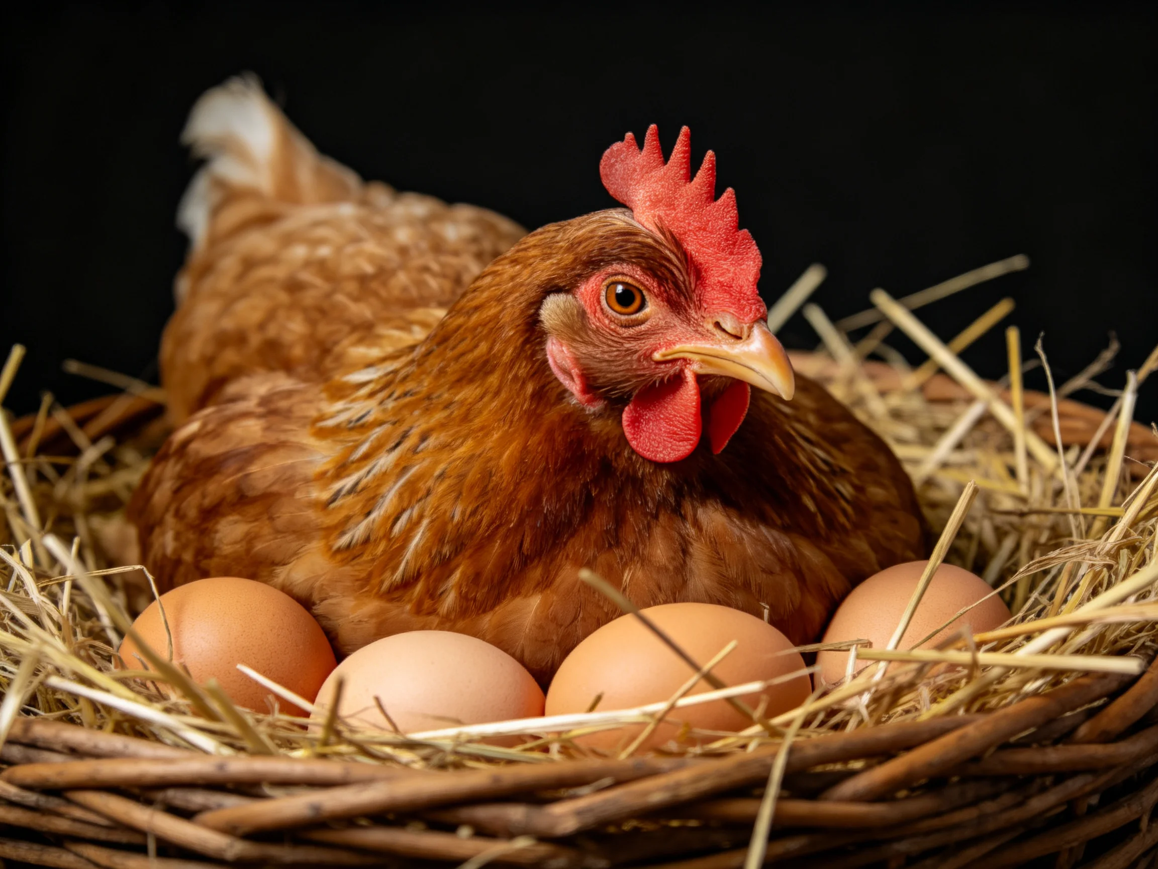 A brown hen in a straw nest with four eggs