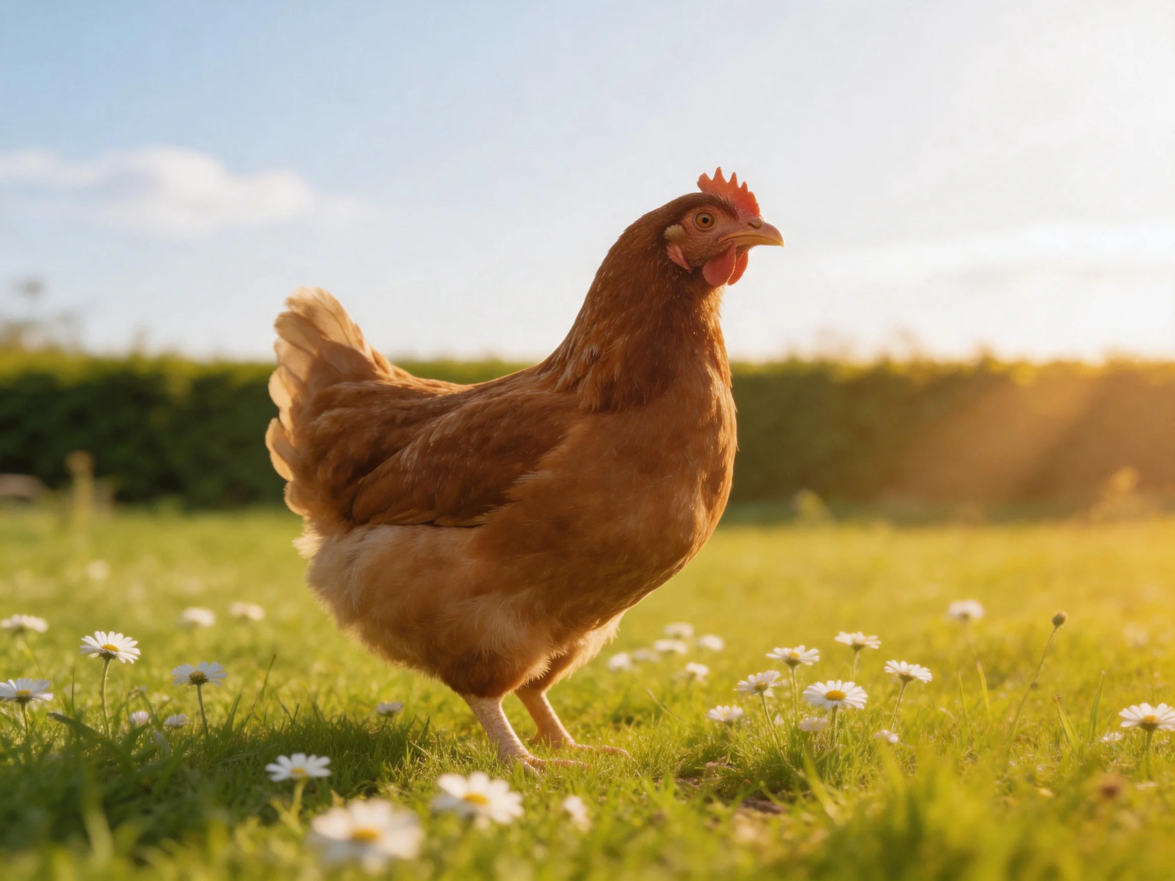 A brown hen in a sunlit meadow with white daisies