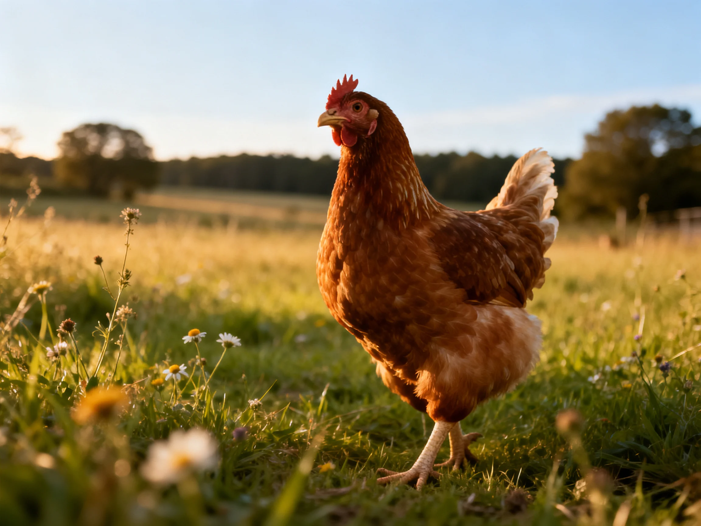 A brown hen in a sunlit meadow with wildflowers
