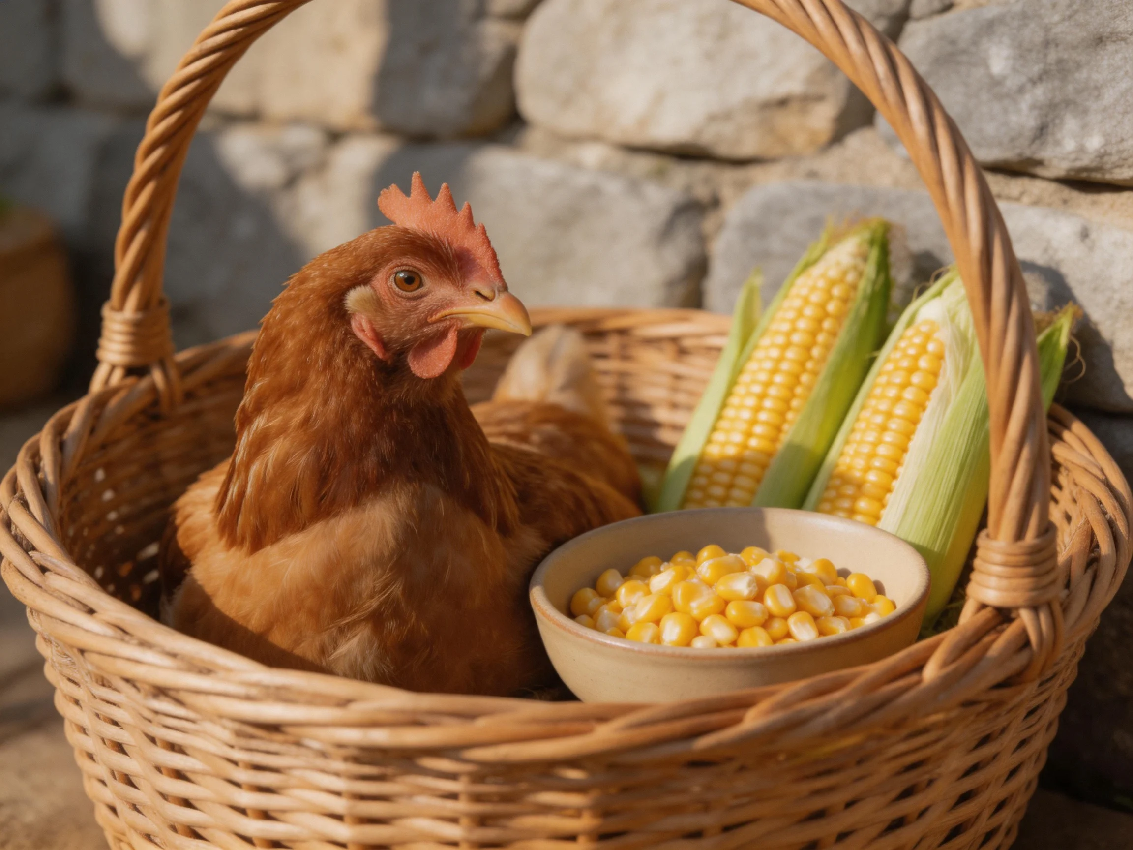 A brown hen in a wicker basket with corn cobs and corn kernels