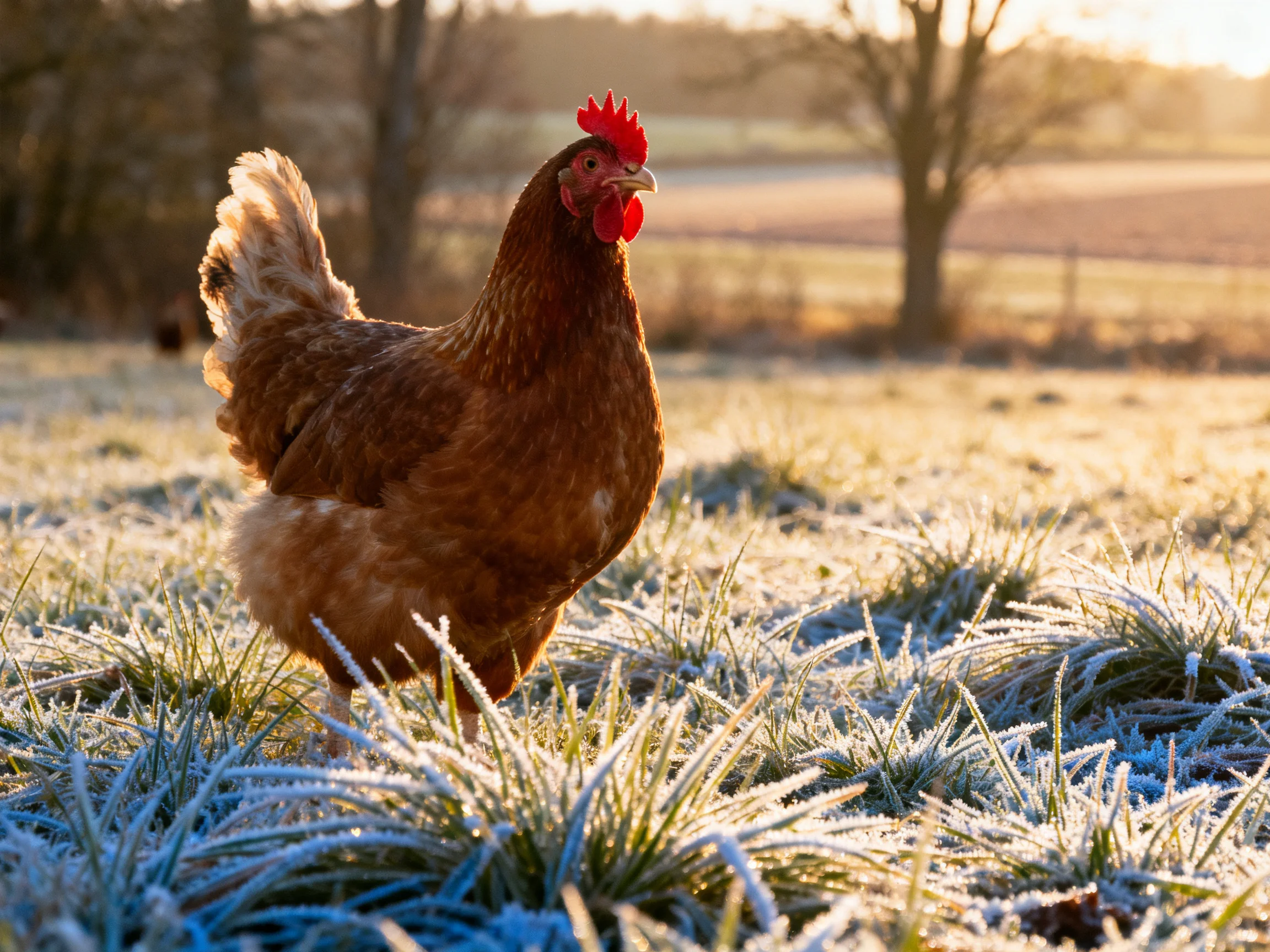 A brown hen in frosty grass under golden sunlight