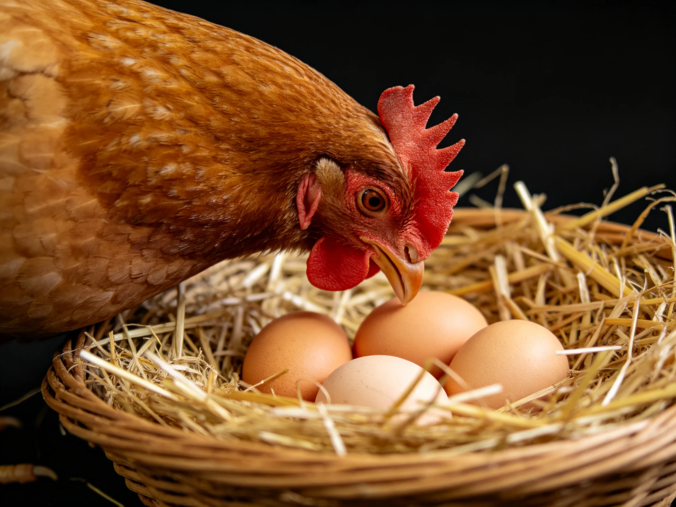 A brown hen inspects four eggs in a straw-lined wicker nest