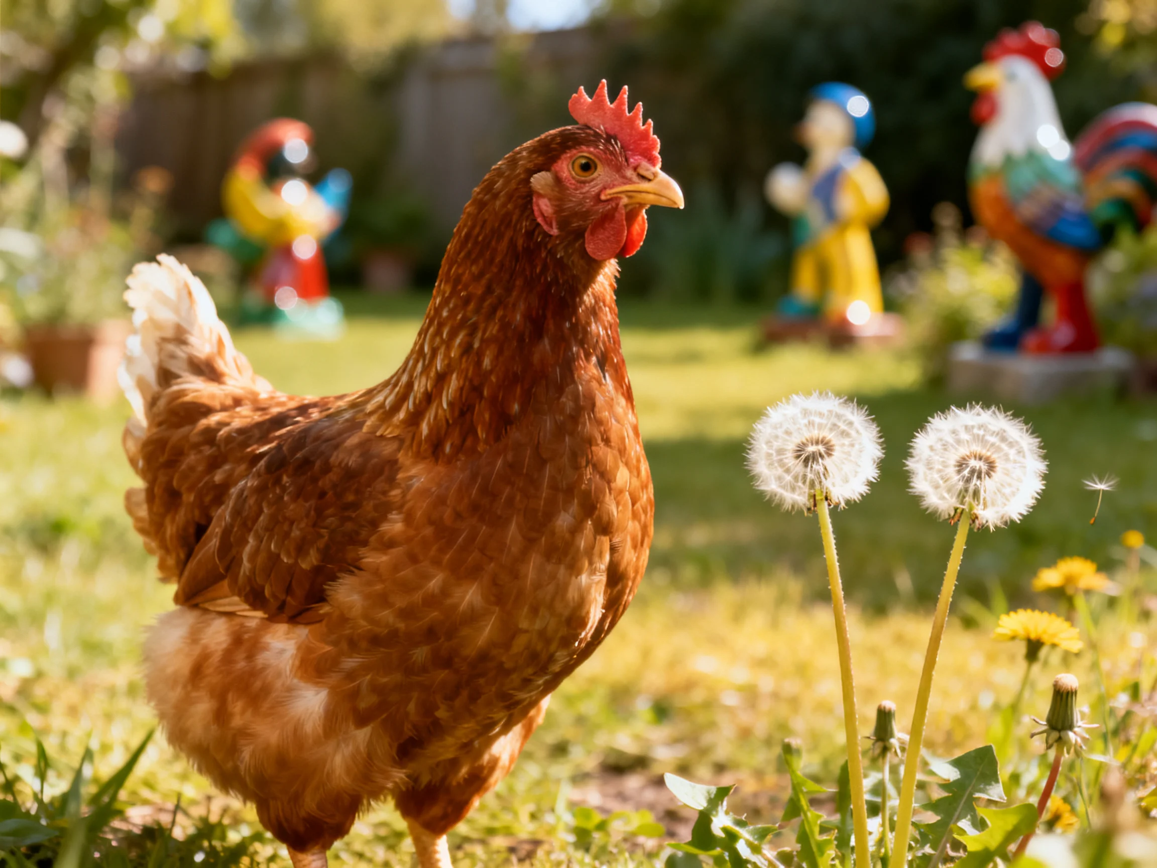 A brown hen near dandelions with colorful garden statues