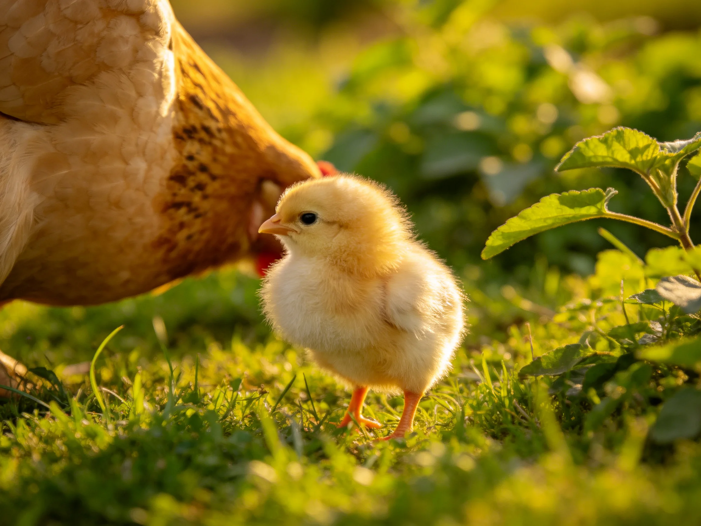A brown hen nuzzles a fluffy yellow chick on sun-dappled green grass