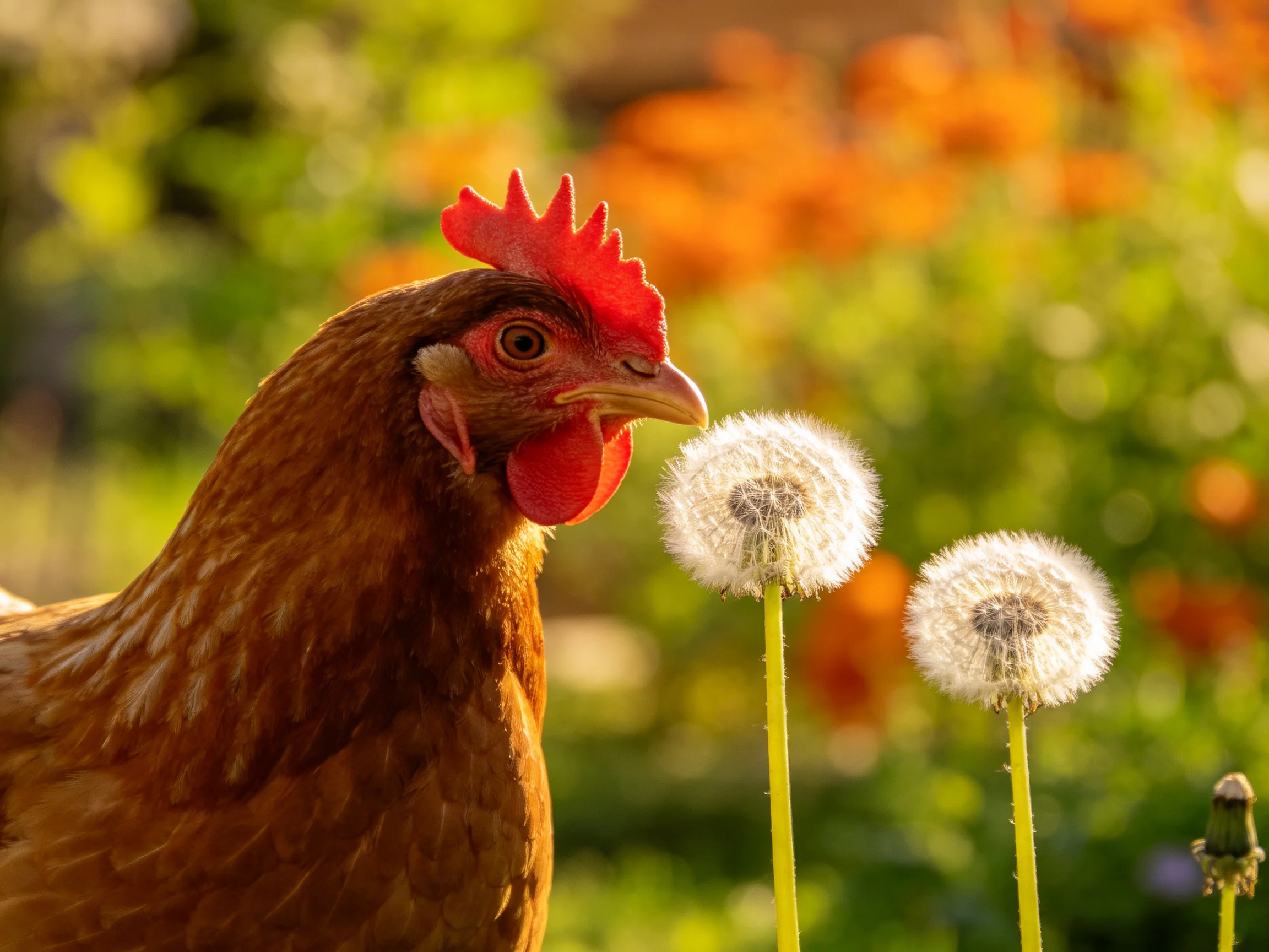 A brown hen observes two dandelions in a sunlit garden
