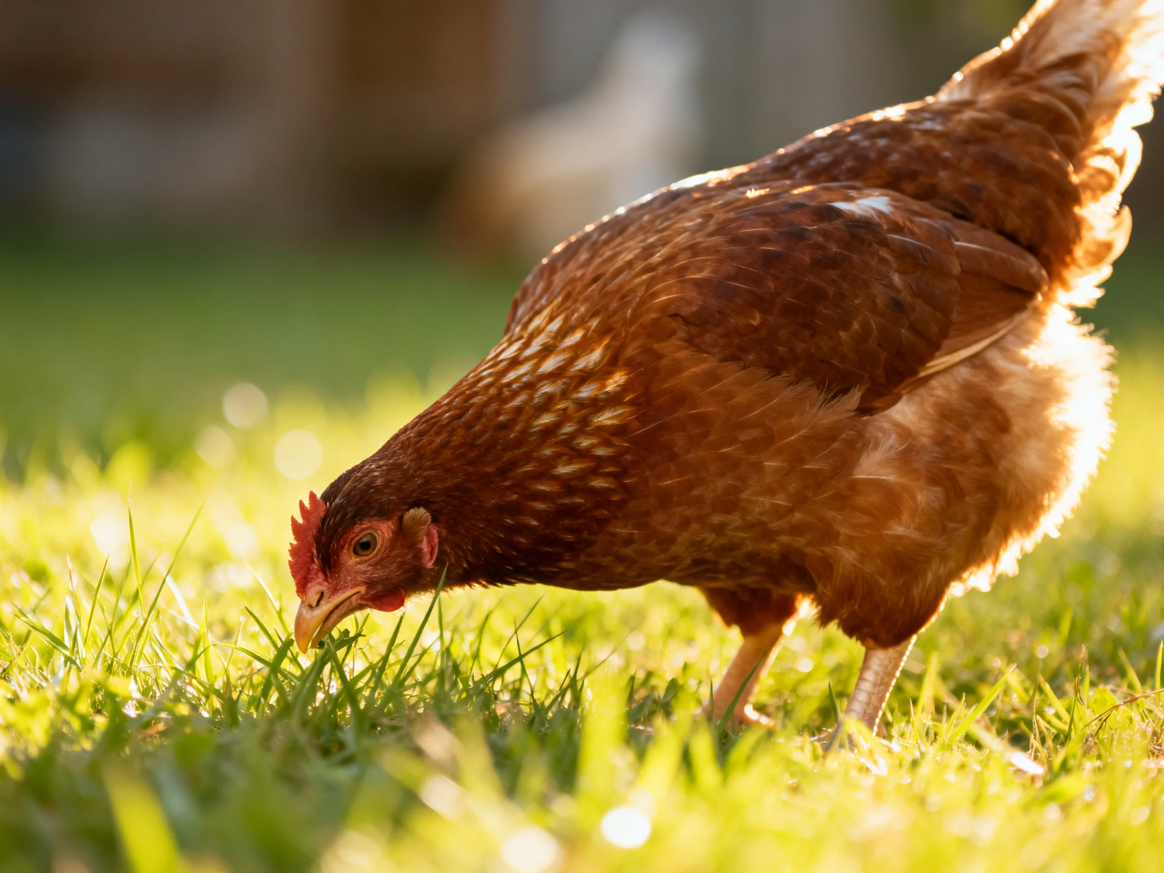 A brown hen forages in sunlit green grass.
