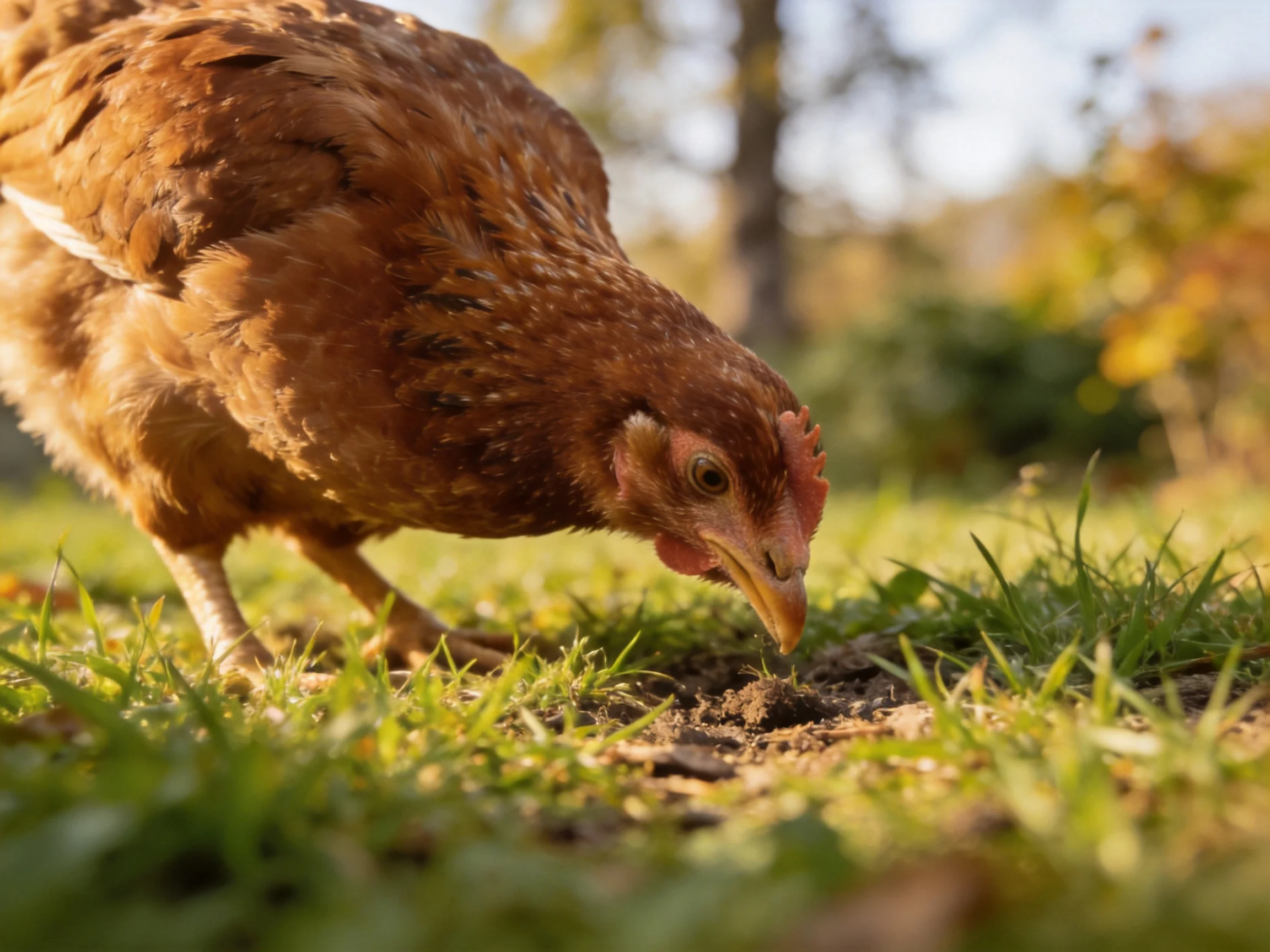 A brown hen pecking at soil in a sunlit grassy field