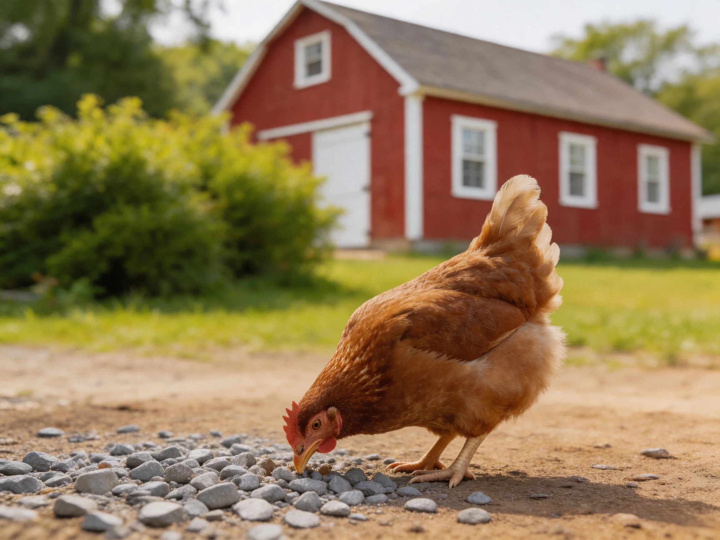 A brown hen pecks at gray stones beside a red barn