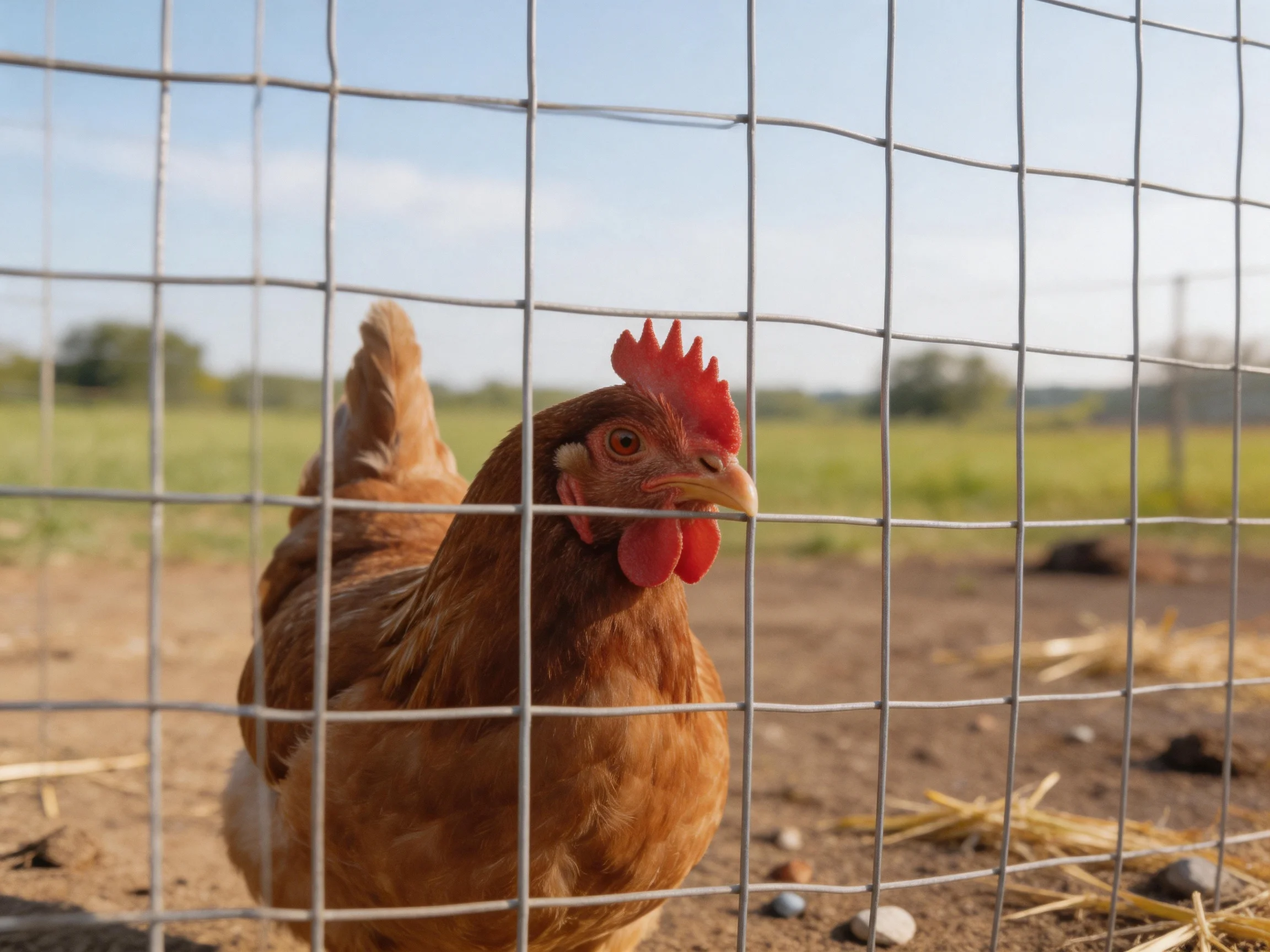 A brown hen peering through a silver wire fence in an open field