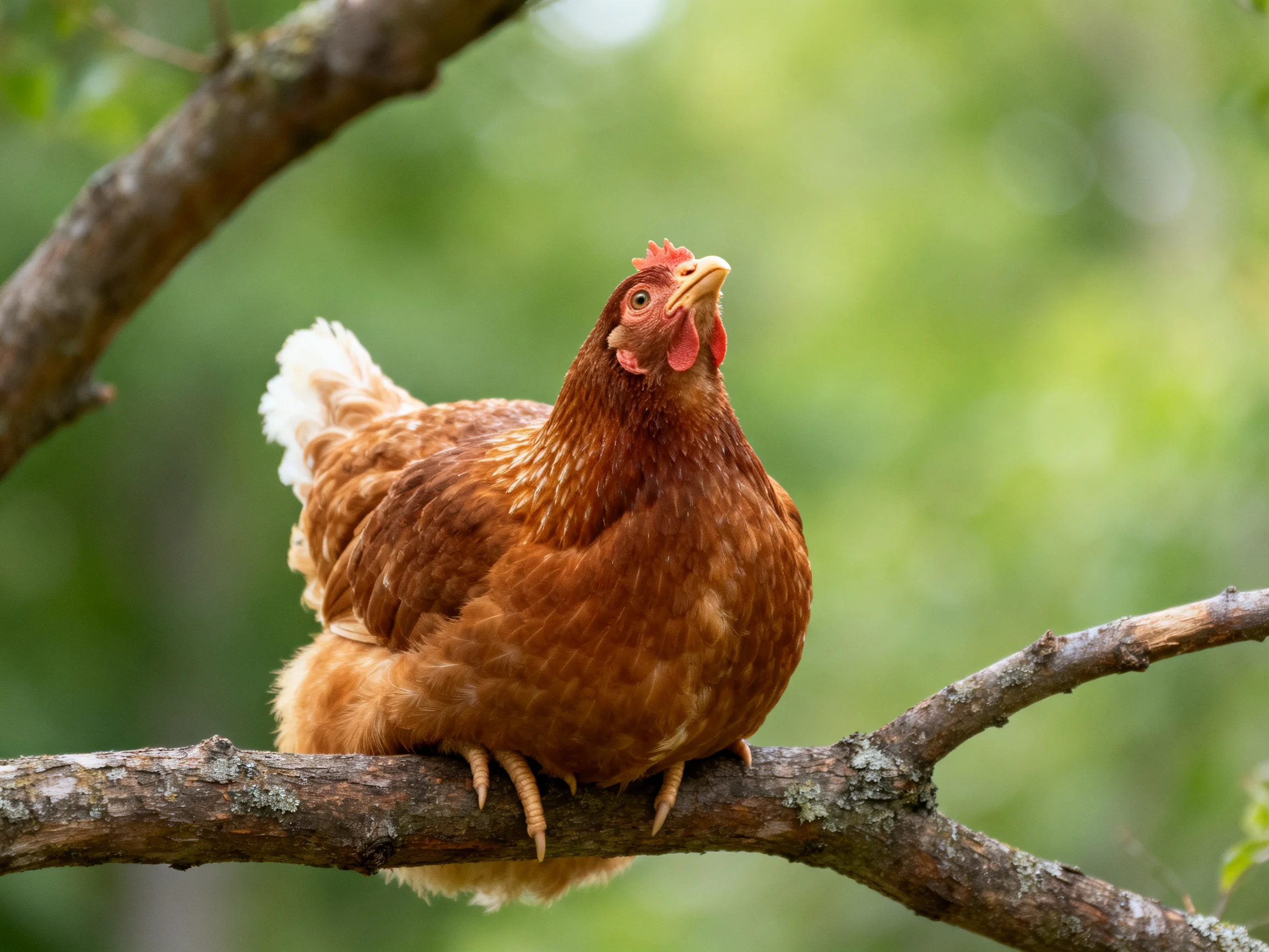 A brown hen perched on a tree branch among green foliage