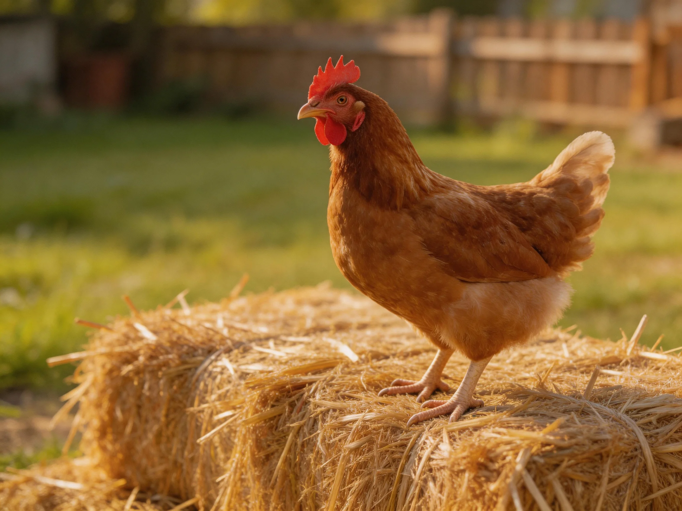 A brown hen perched on golden straw bales in a sunlit farm setting